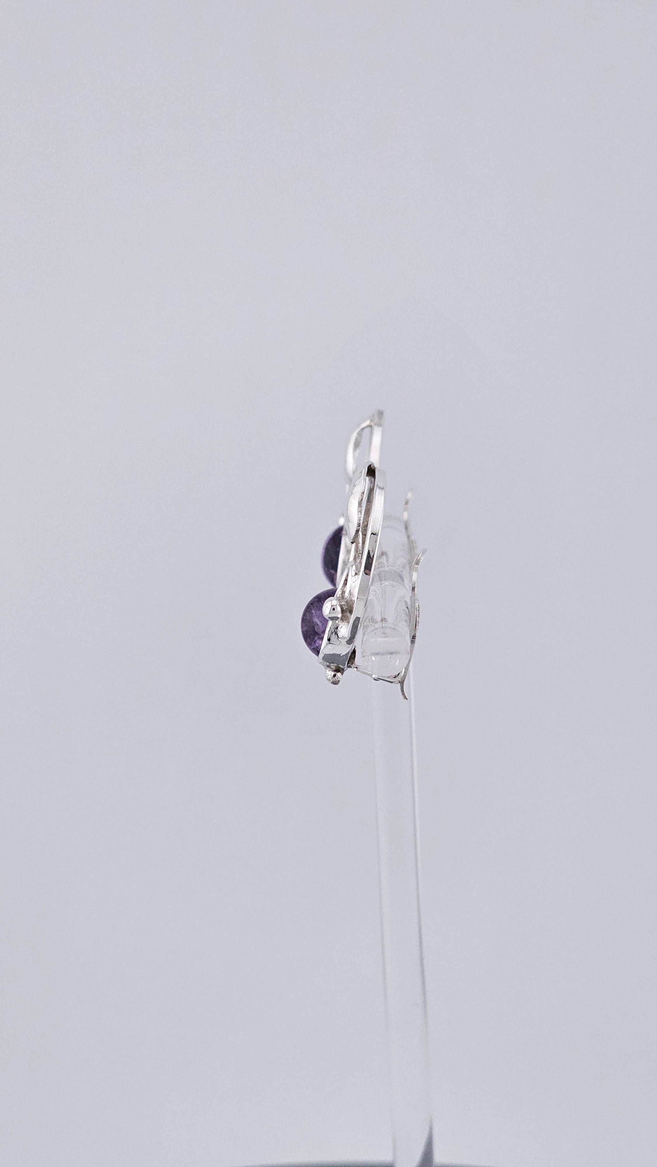 Vintage 925 Sterling Silver & Amethyst Cabochon Clip-On Earrings – Floral Leaf Design (6.3g)