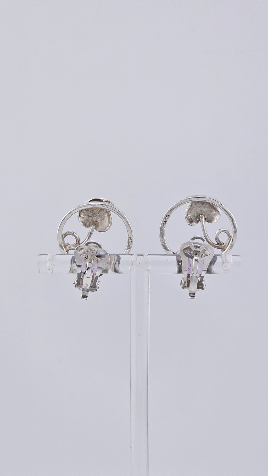 Vintage 925 Sterling Silver & Amethyst Cabochon Clip-On Earrings – Floral Leaf Design (6.3g)