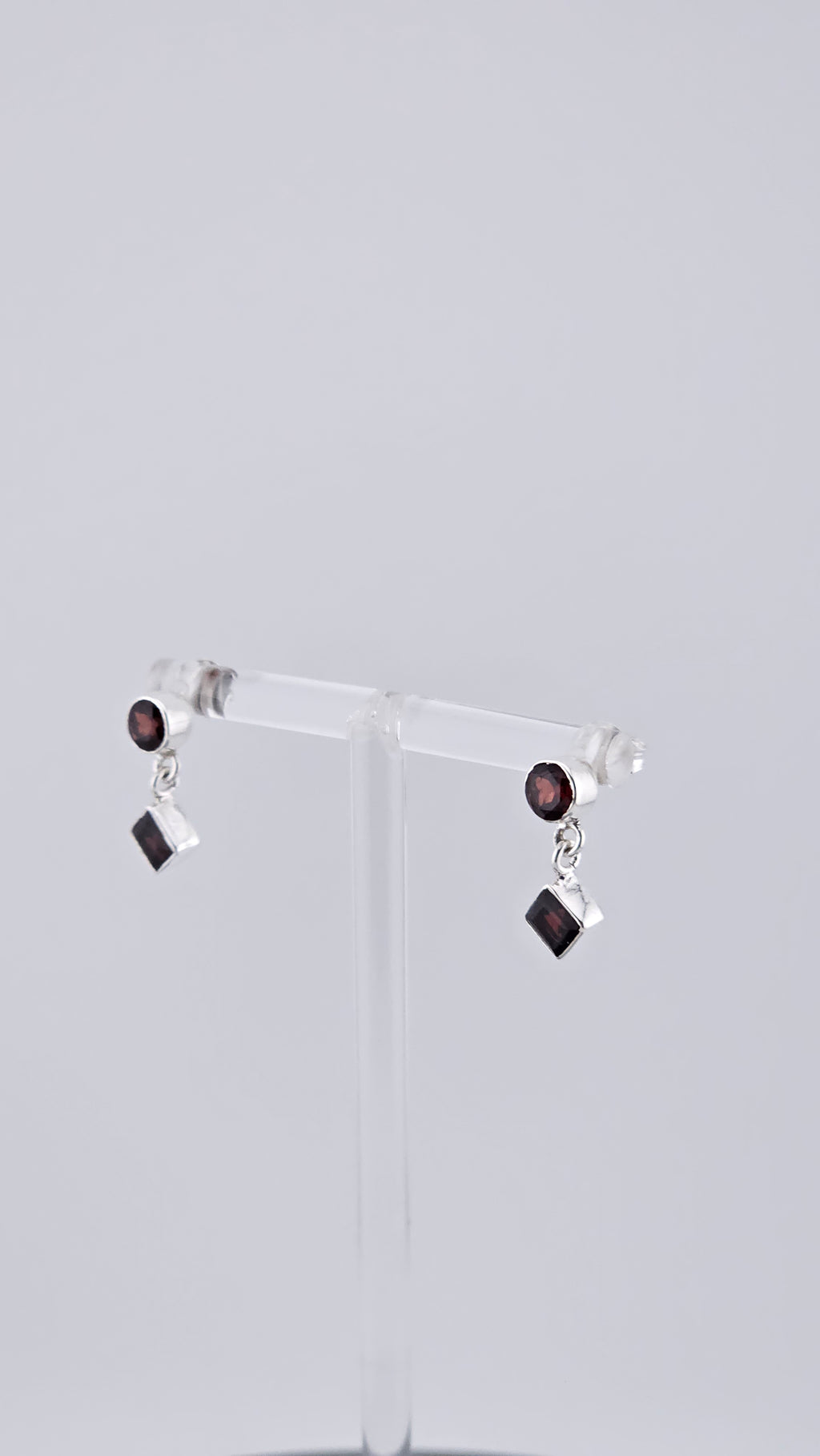 Vintage 925 Sterling Silver & Red Garnet Geometric Stud Drop Earrings