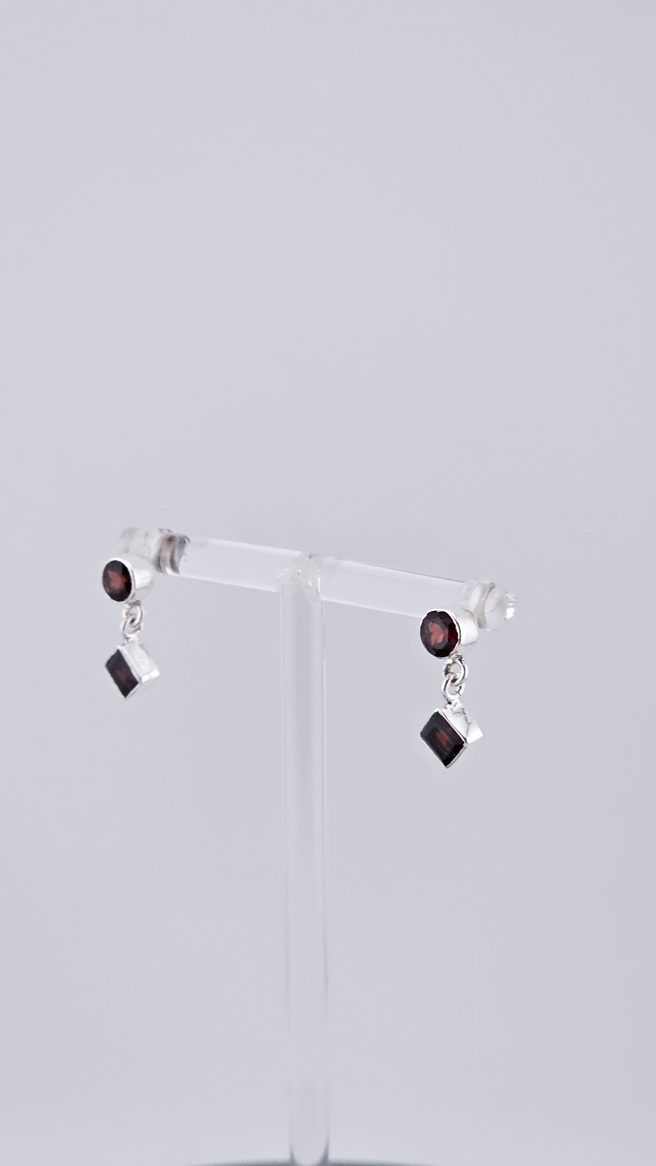 Vintage 925 Sterling Silver & Red Garnet Geometric Stud Drop Earrings