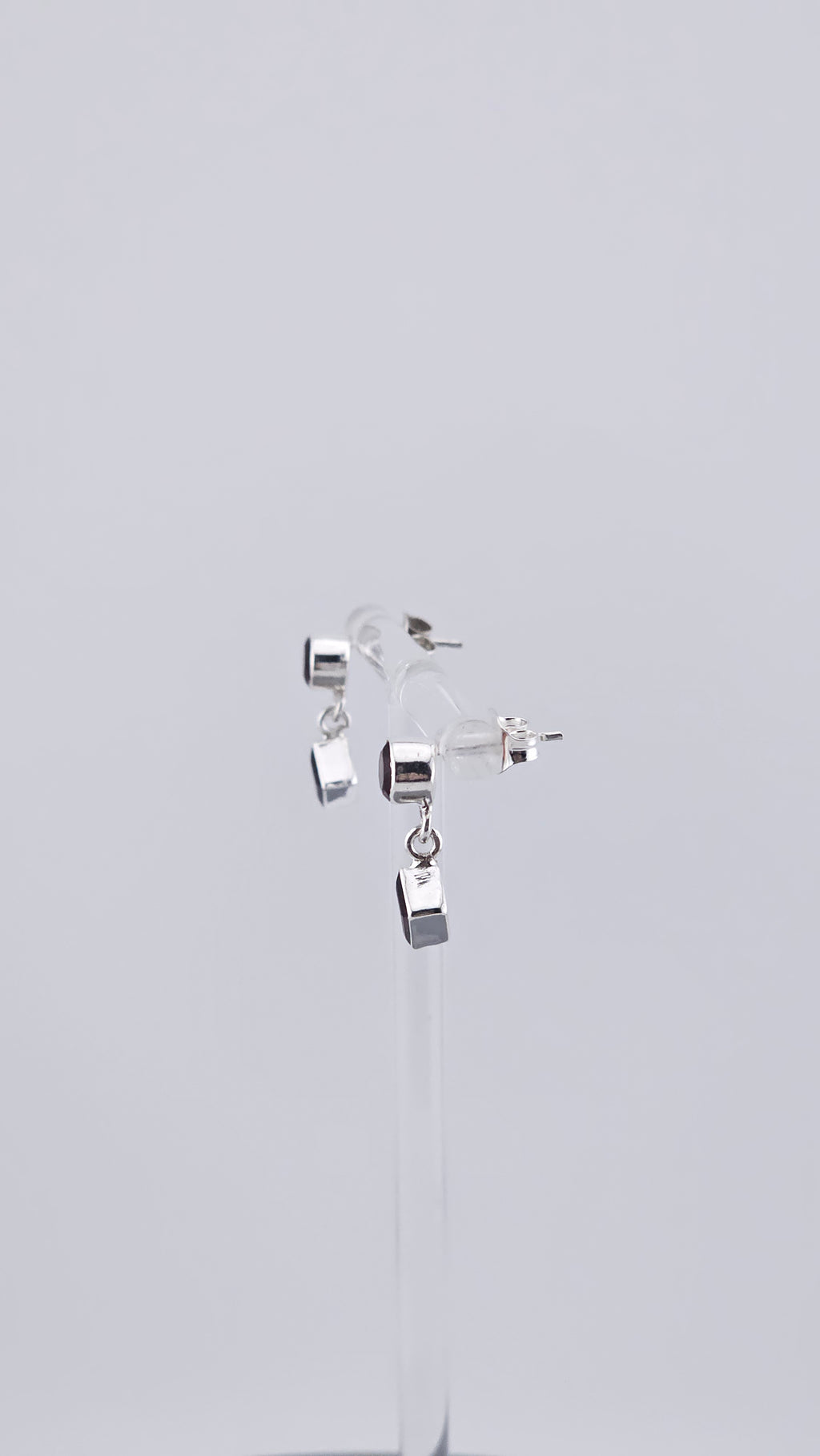 Vintage 925 Sterling Silver & Red Garnet Geometric Stud Drop Earrings