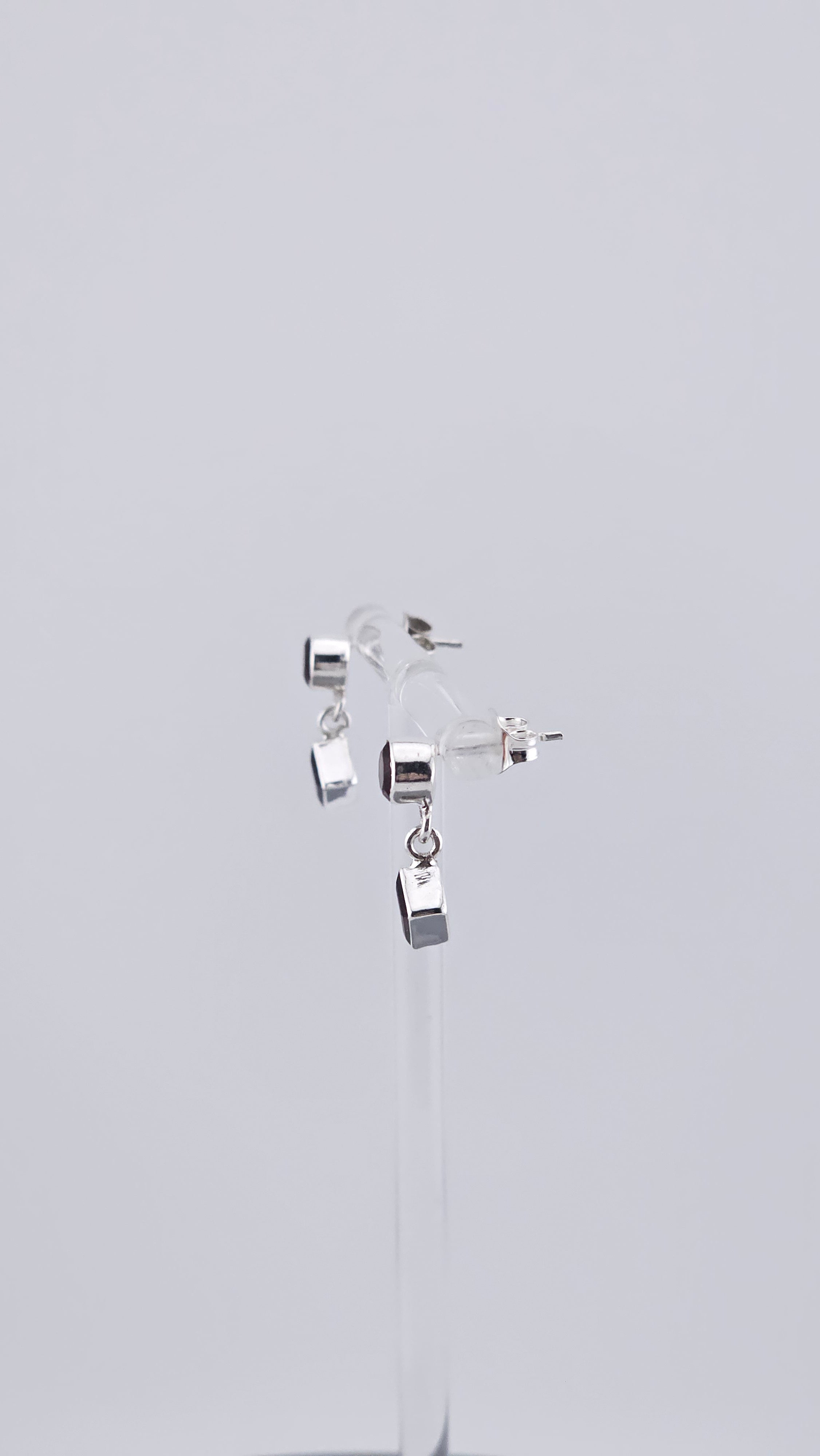 Vintage 925 Sterling Silver & Red Garnet Geometric Stud Drop Earrings