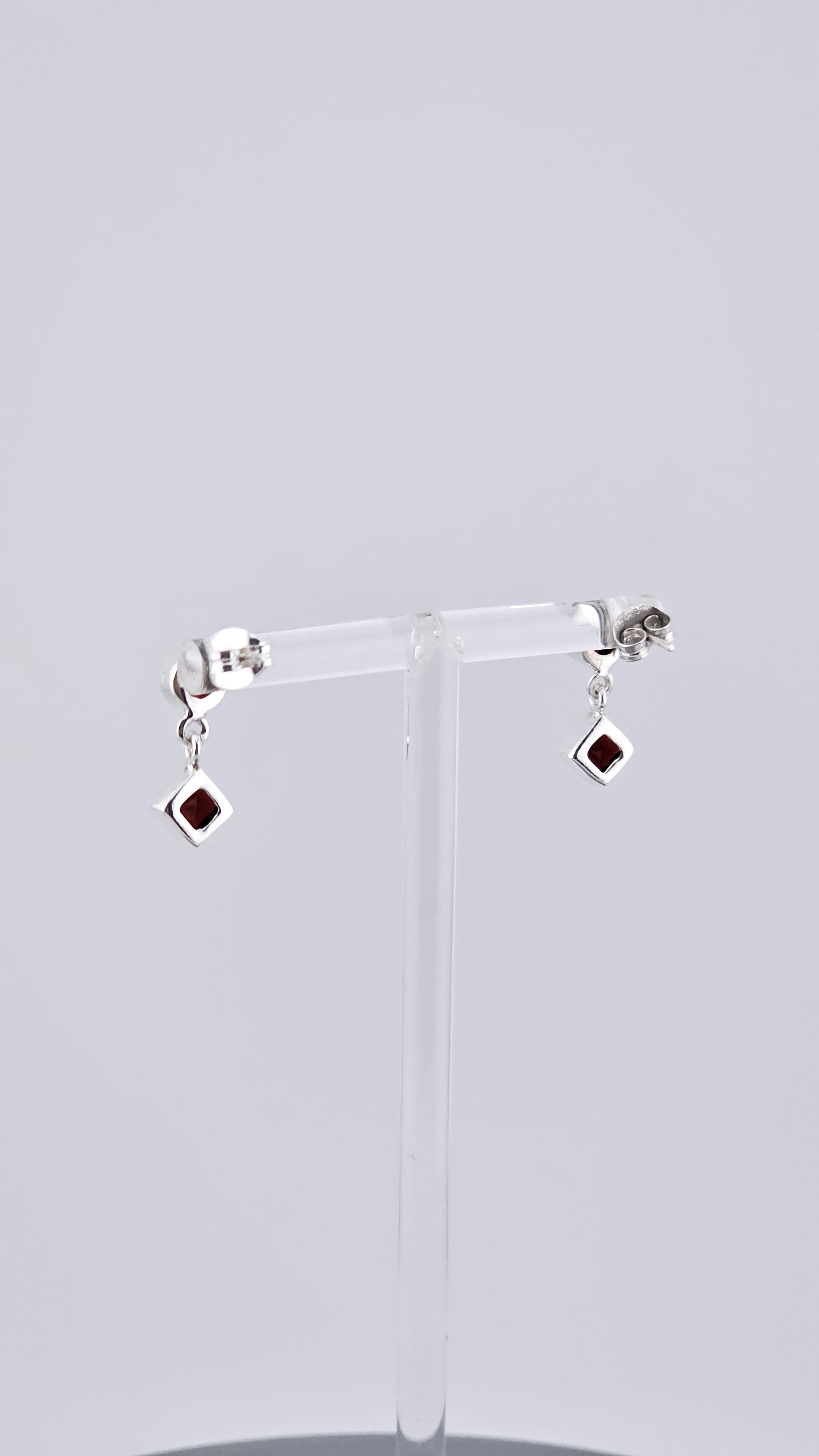 Vintage 925 Sterling Silver & Red Garnet Geometric Stud Drop Earrings