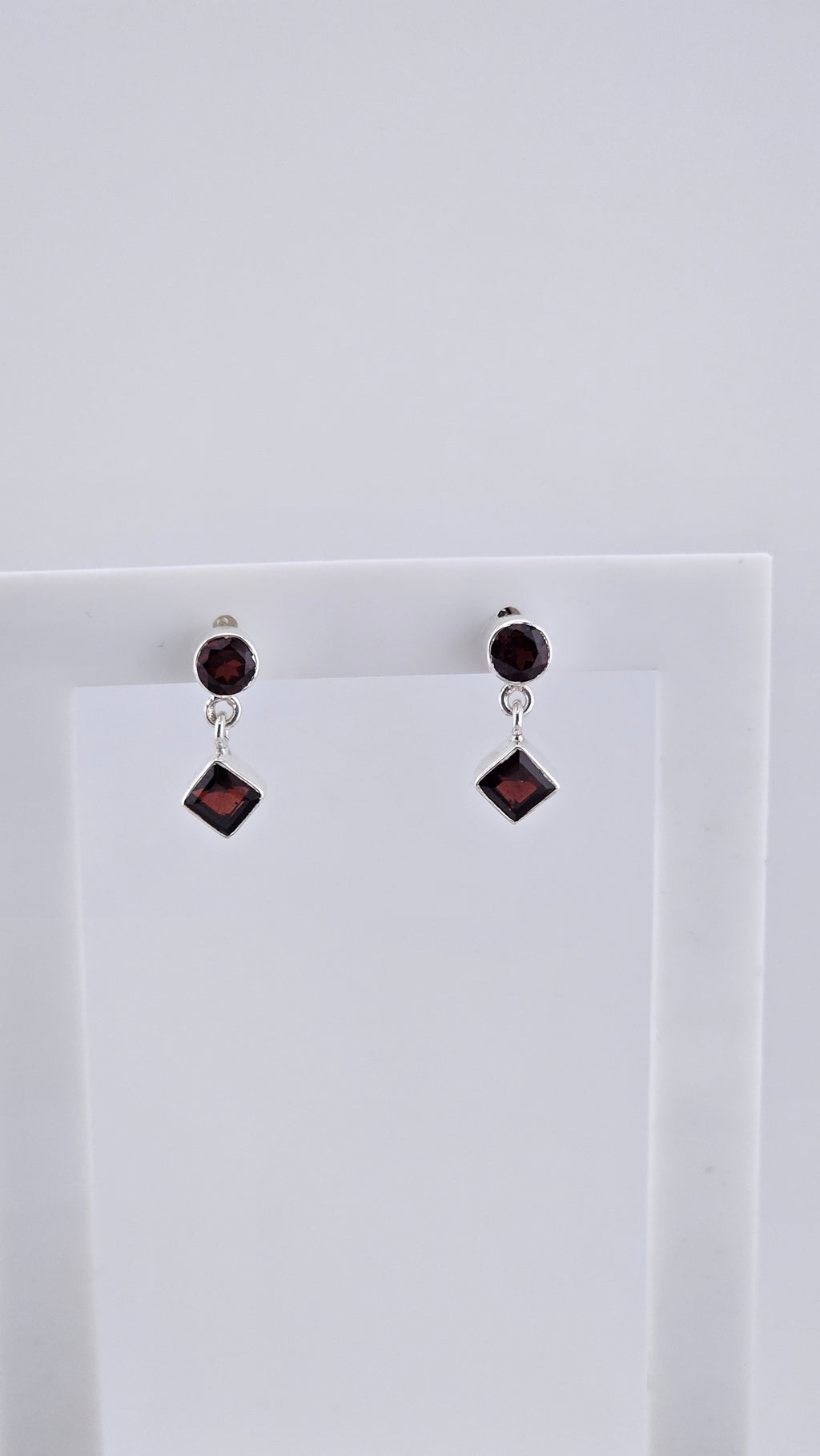 Vintage 925 Sterling Silver & Red Garnet Geometric Stud Drop Earrings