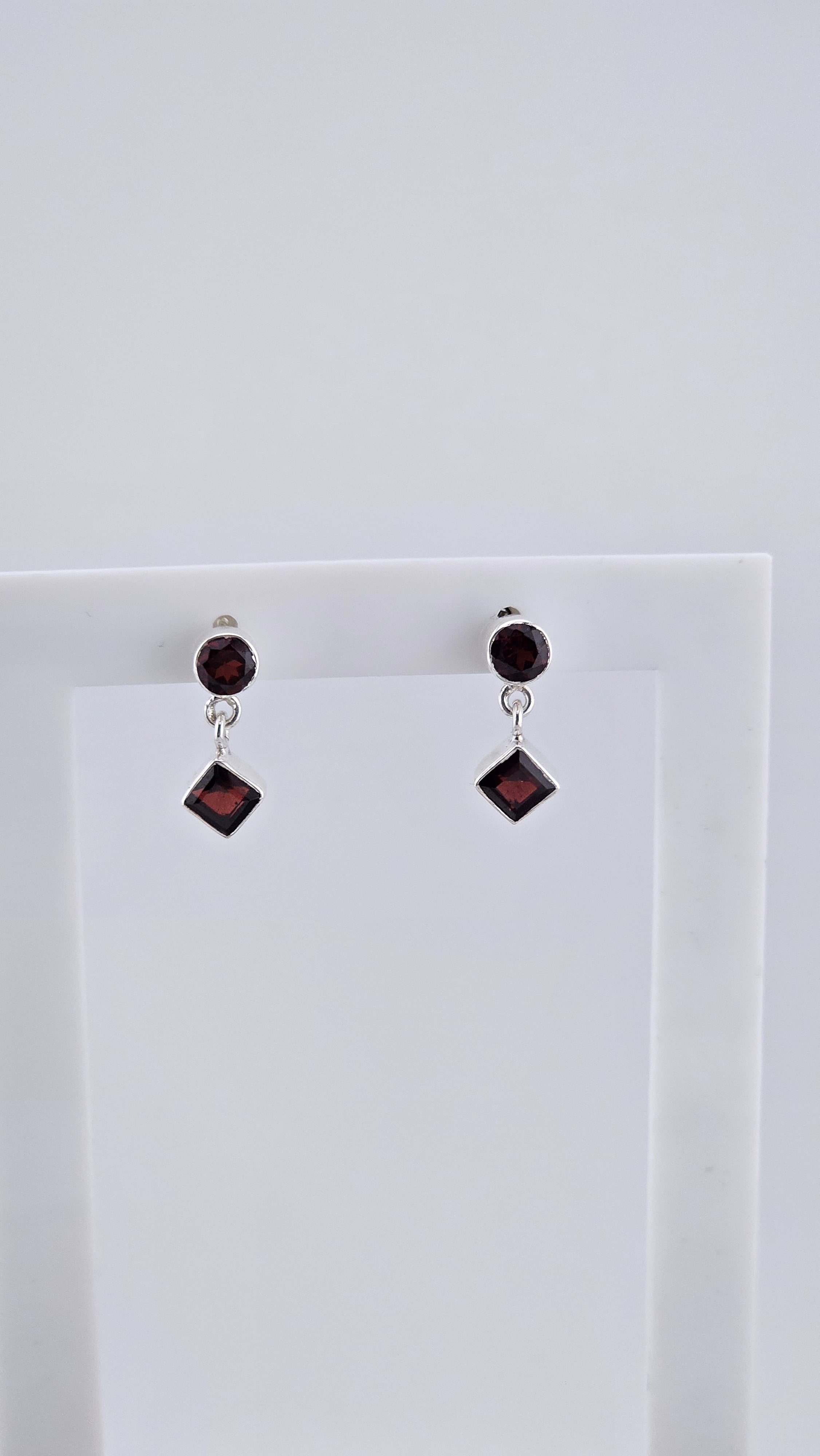 Vintage 925 Sterling Silver & Red Garnet Geometric Stud Drop Earrings