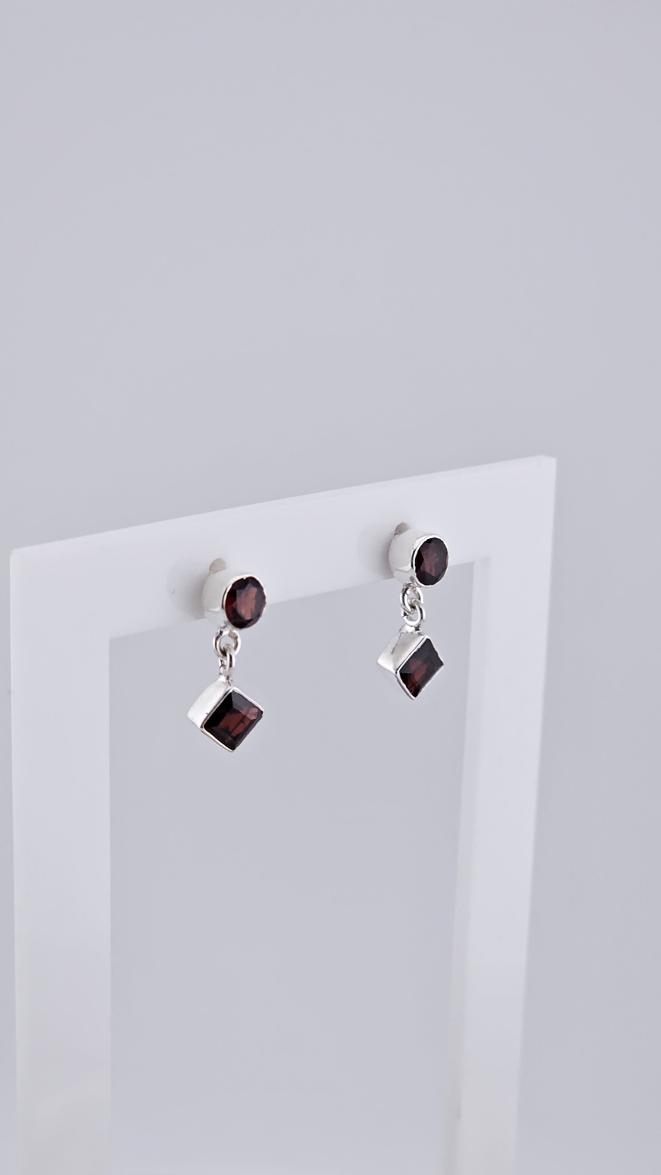Vintage 925 Sterling Silver & Red Garnet Geometric Stud Drop Earrings