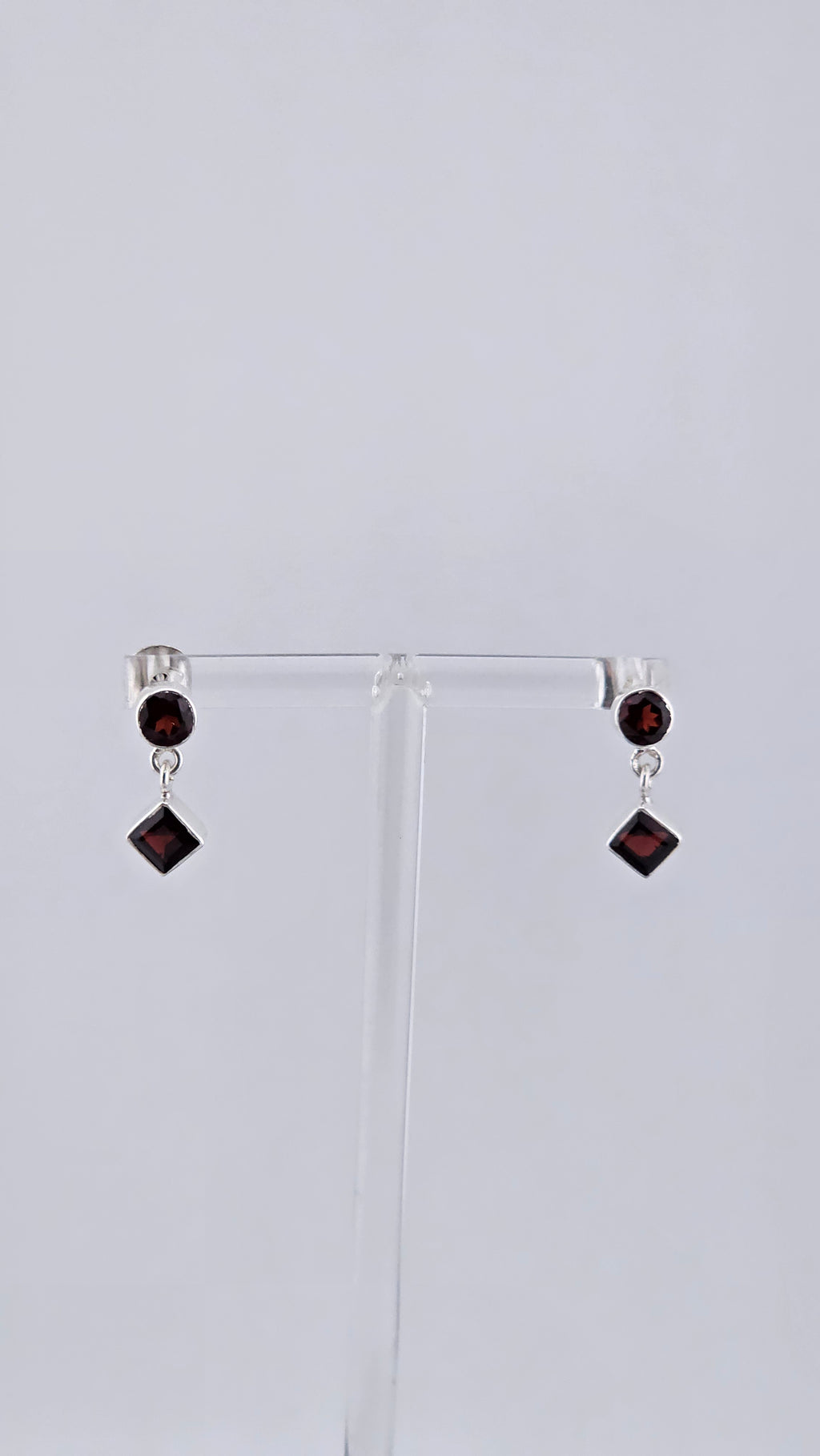 Vintage 925 Sterling Silver & Red Garnet Geometric Stud Drop Earrings