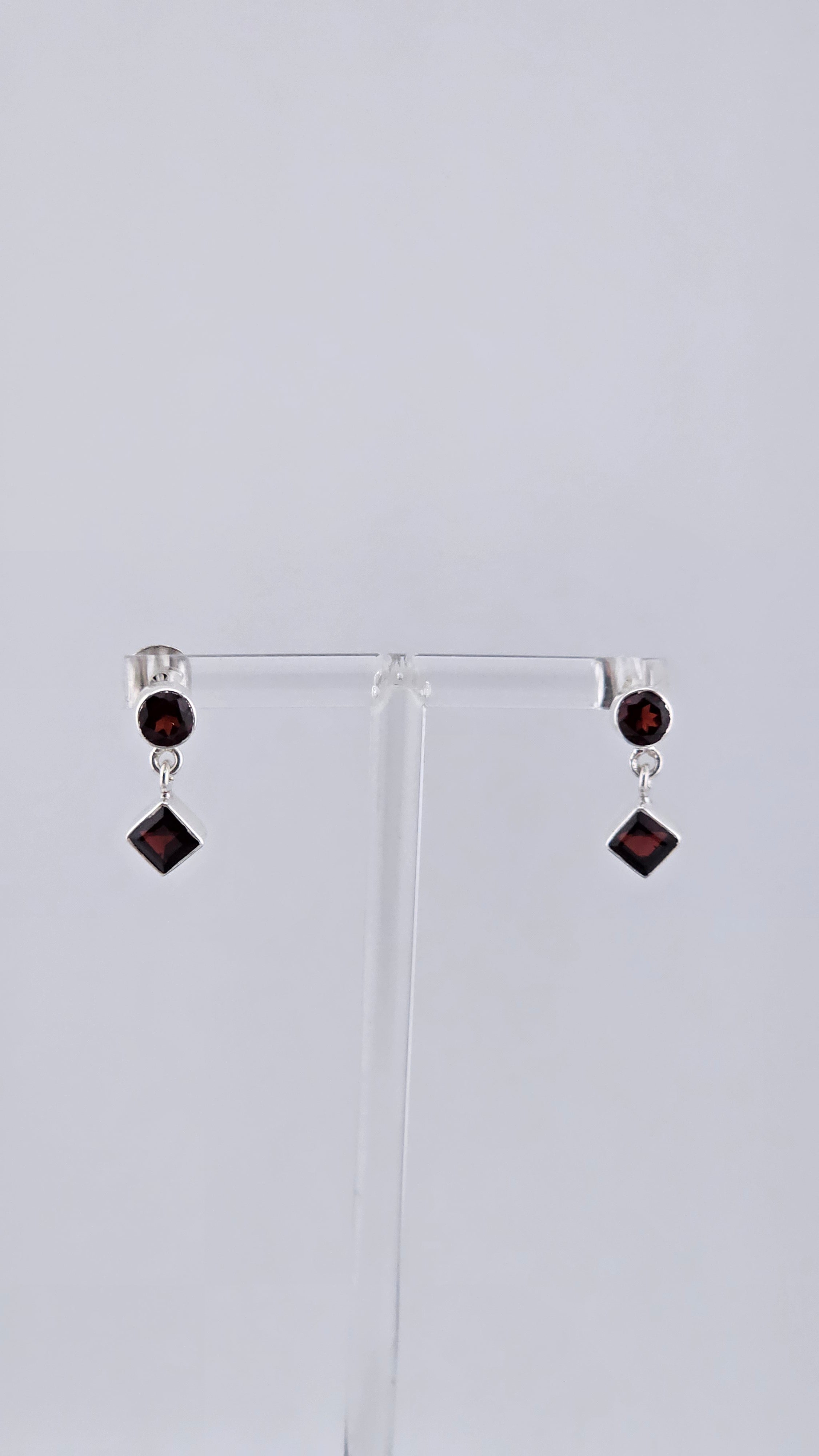 Vintage 925 Sterling Silver & Red Garnet Geometric Stud Drop Earrings
