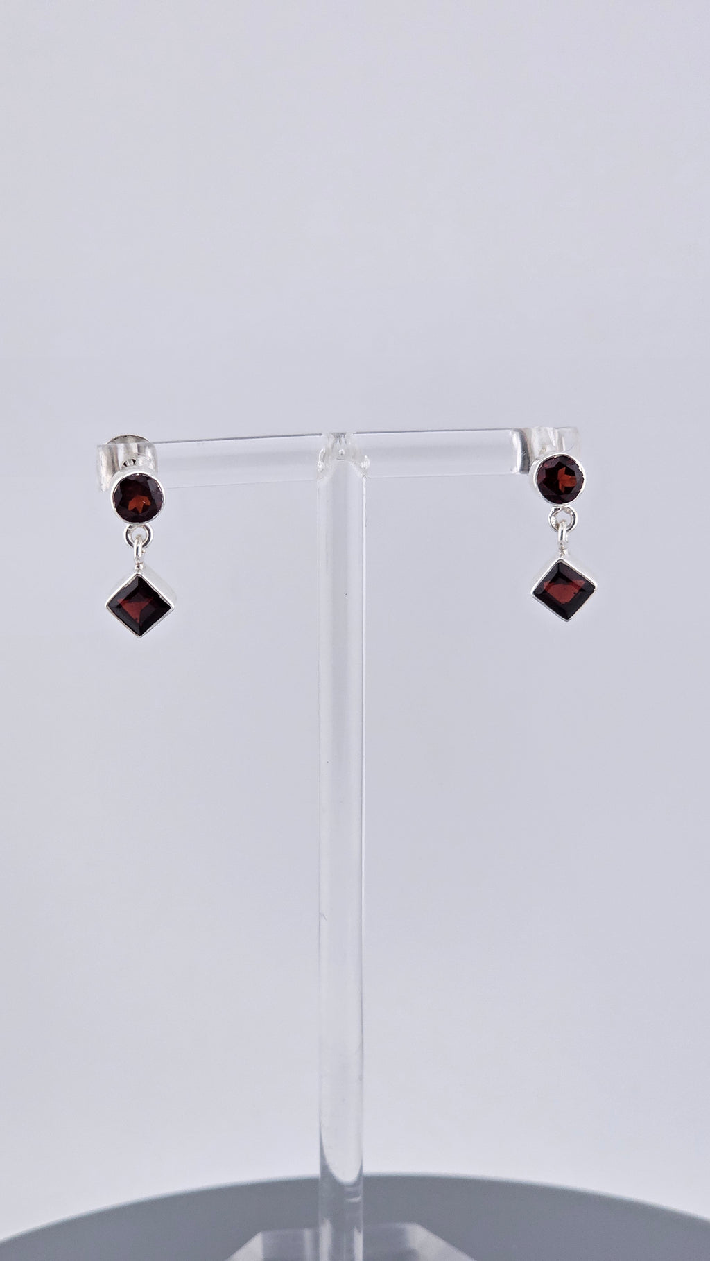 Vintage 925 Sterling Silver & Red Garnet Geometric Stud Drop Earrings
