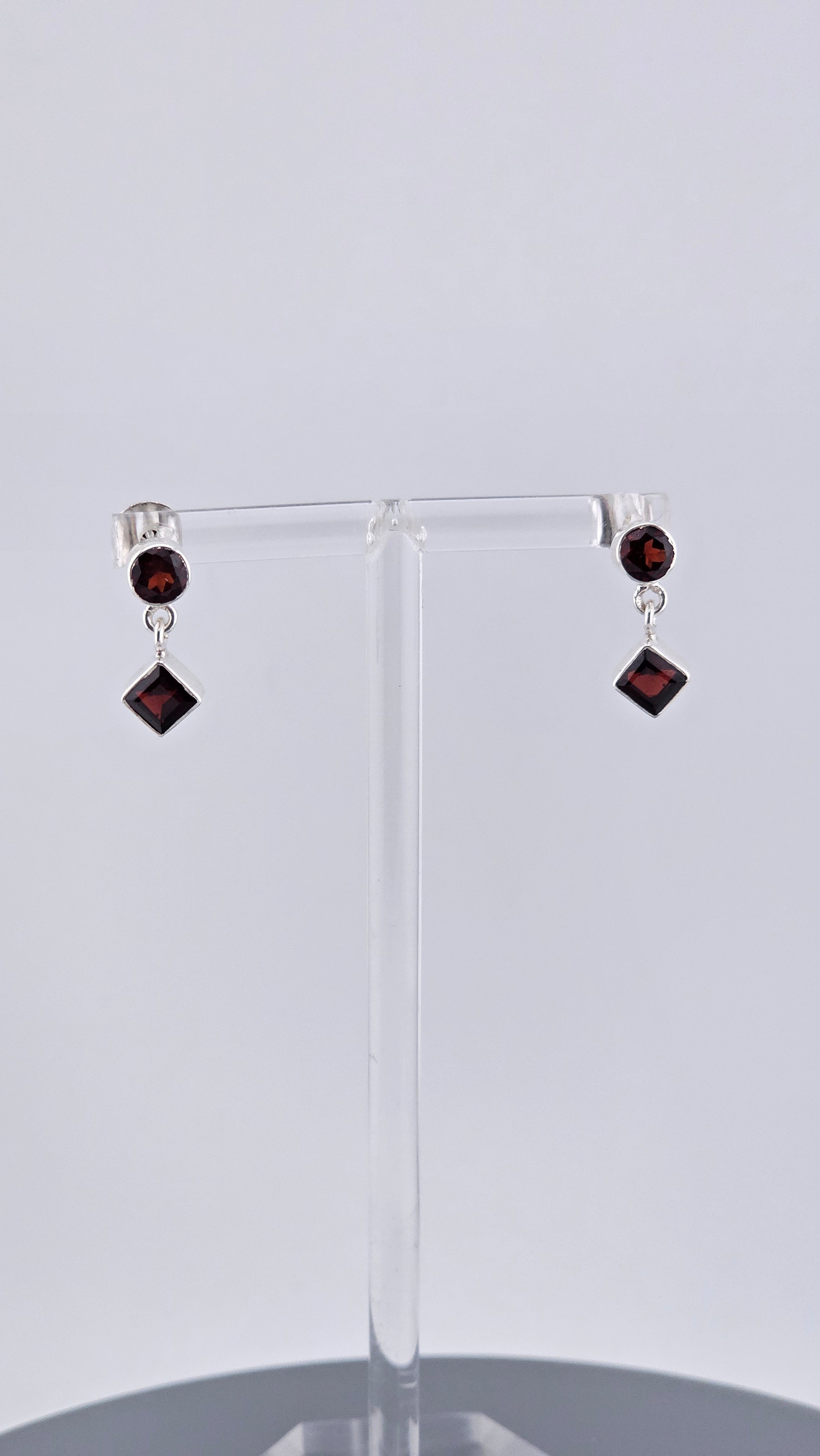 Vintage 925 Sterling Silver & Red Garnet Geometric Stud Drop Earrings