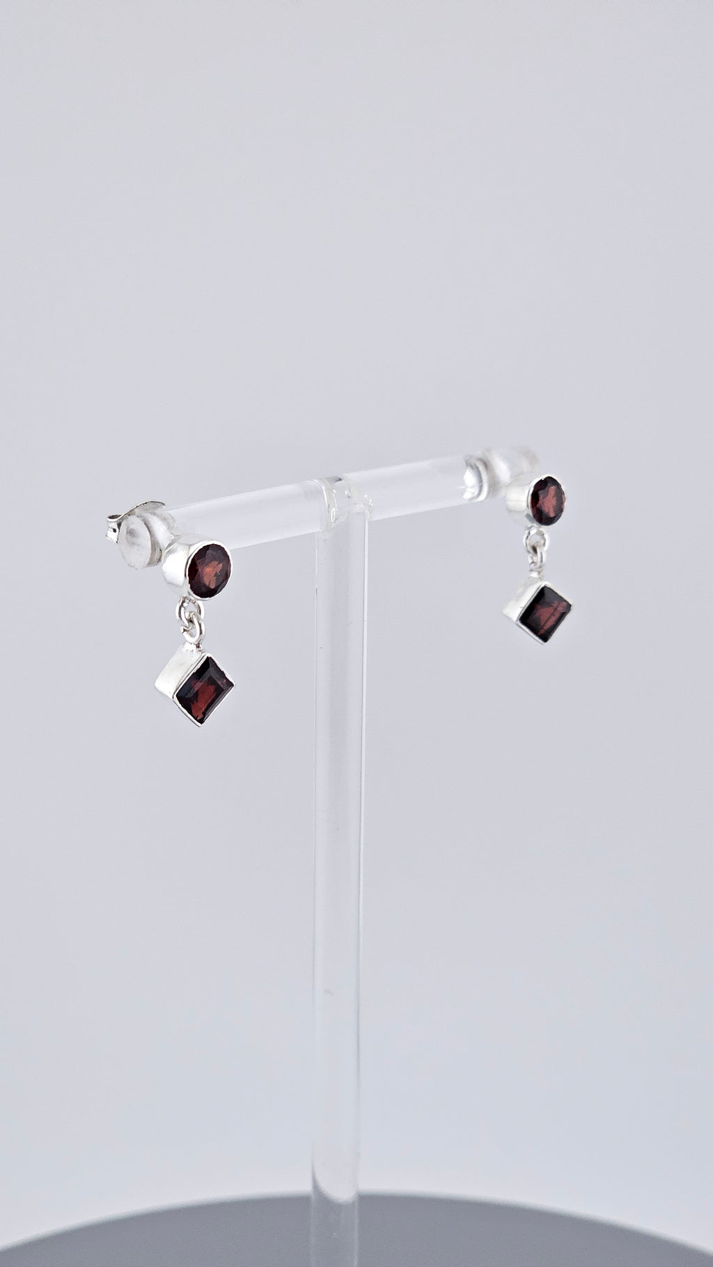 Vintage 925 Sterling Silver & Red Garnet Geometric Stud Drop Earrings