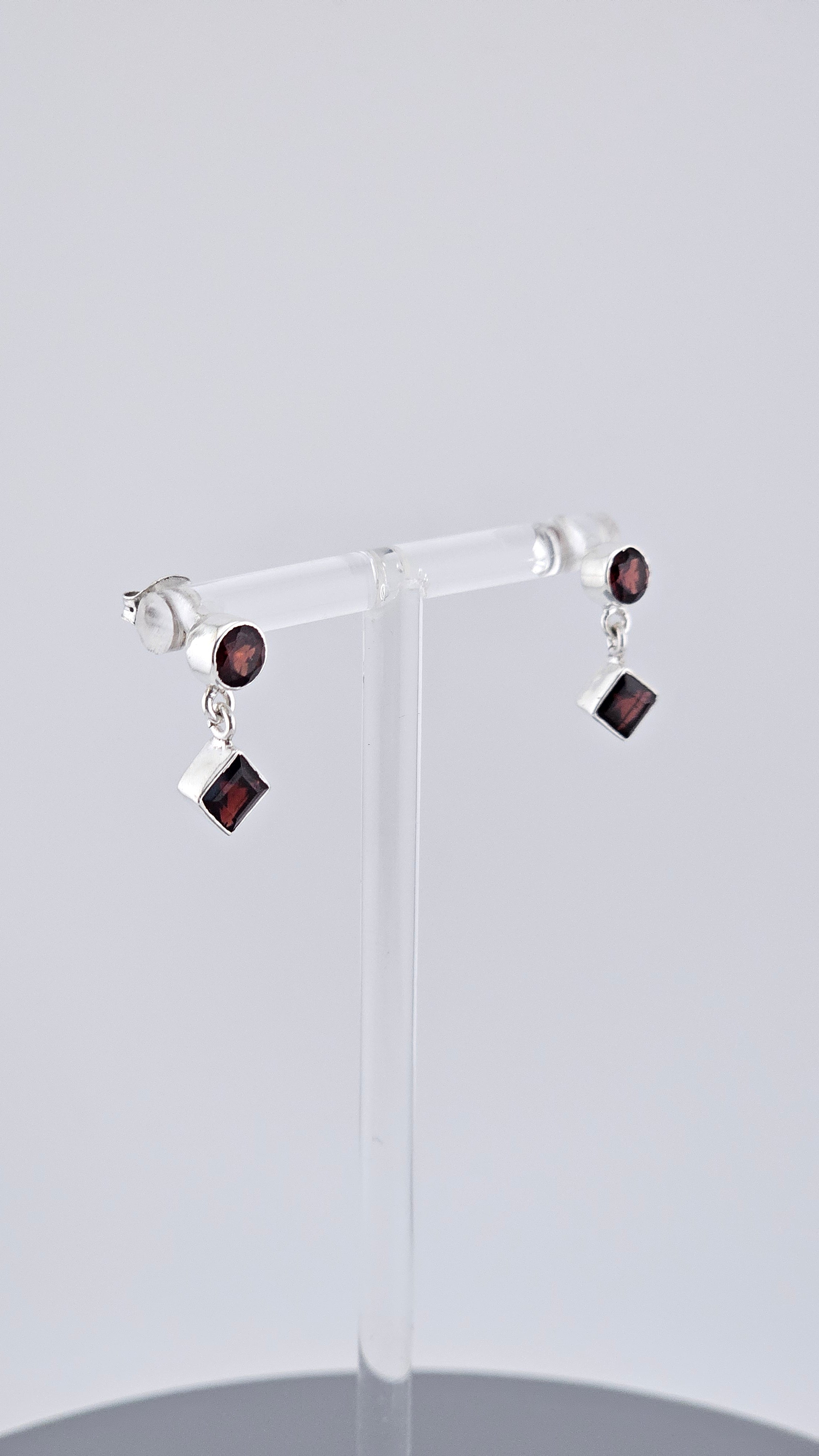 Vintage 925 Sterling Silver & Red Garnet Geometric Stud Drop Earrings