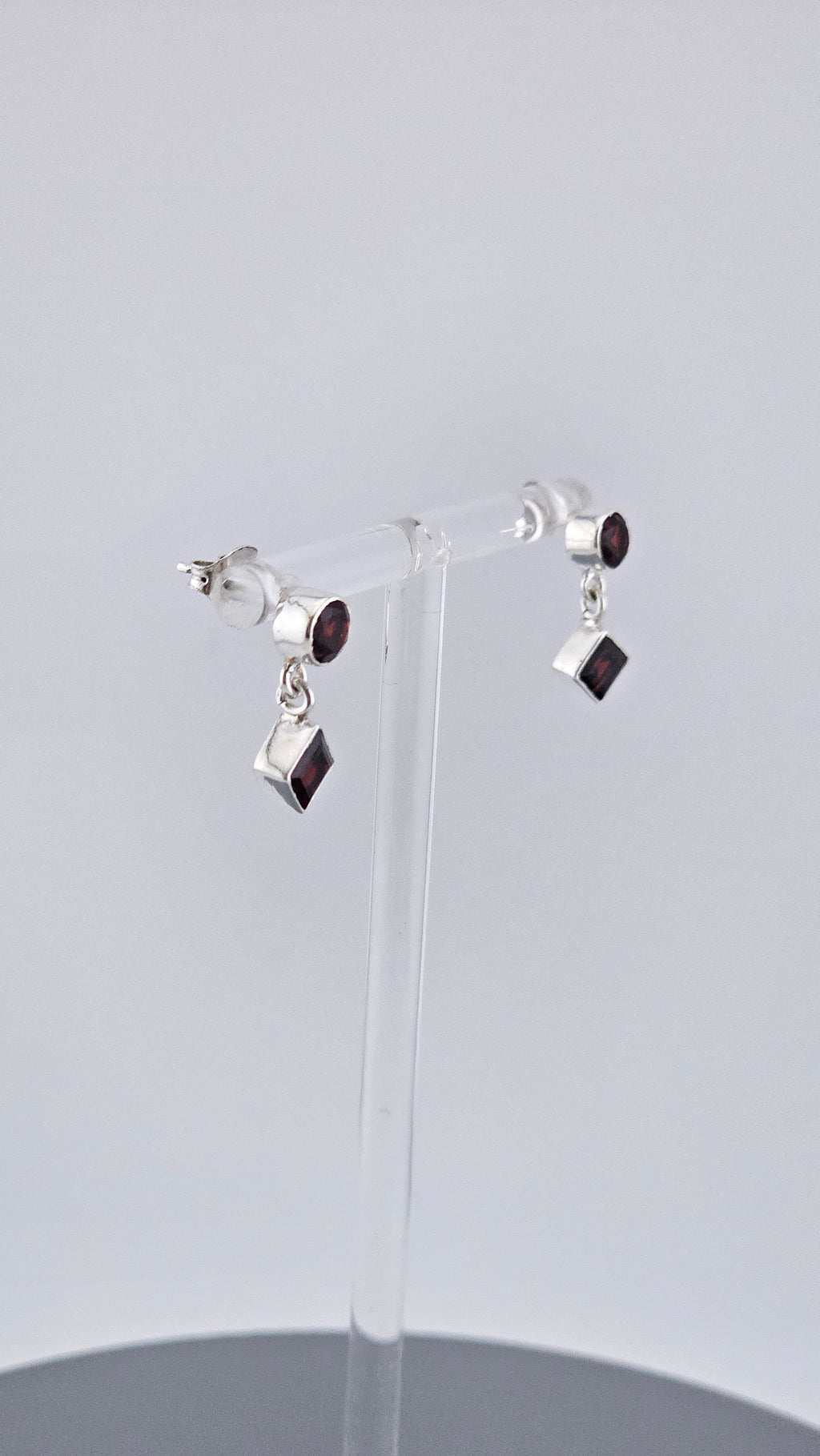 Vintage 925 Sterling Silver & Red Garnet Geometric Stud Drop Earrings
