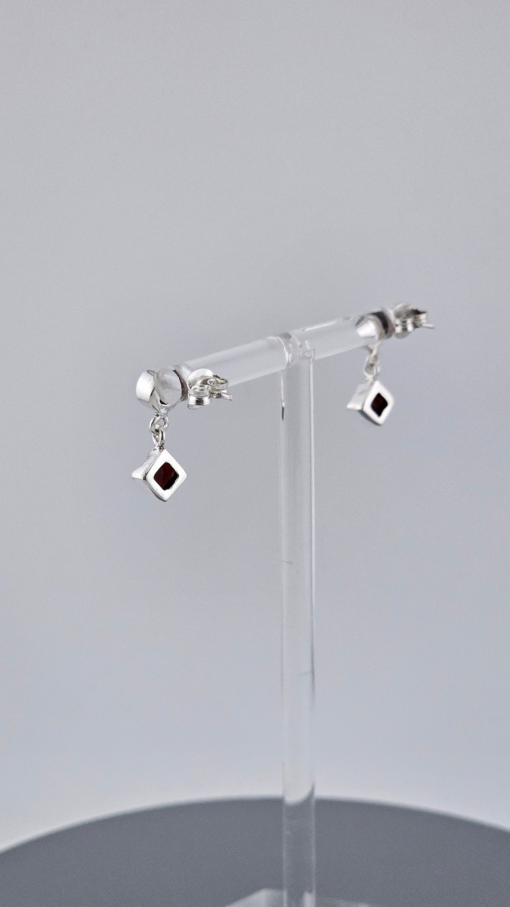 Vintage 925 Sterling Silver & Red Garnet Geometric Stud Drop Earrings