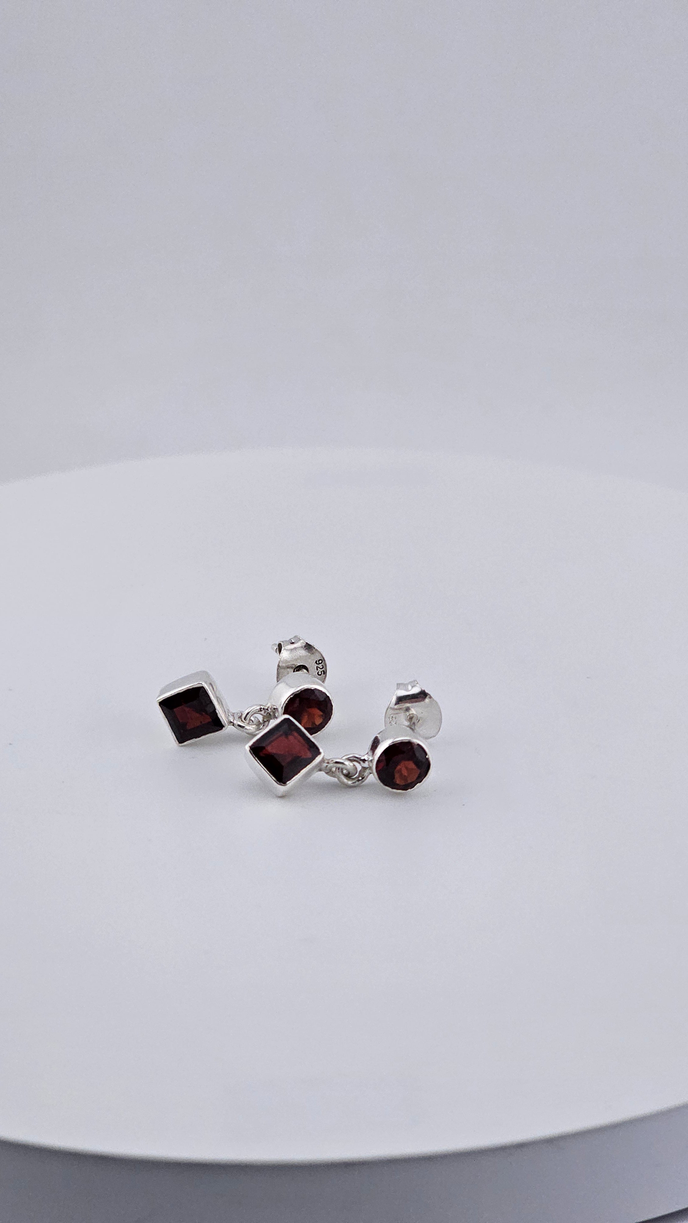 Vintage 925 Sterling Silver & Red Garnet Geometric Stud Drop Earrings