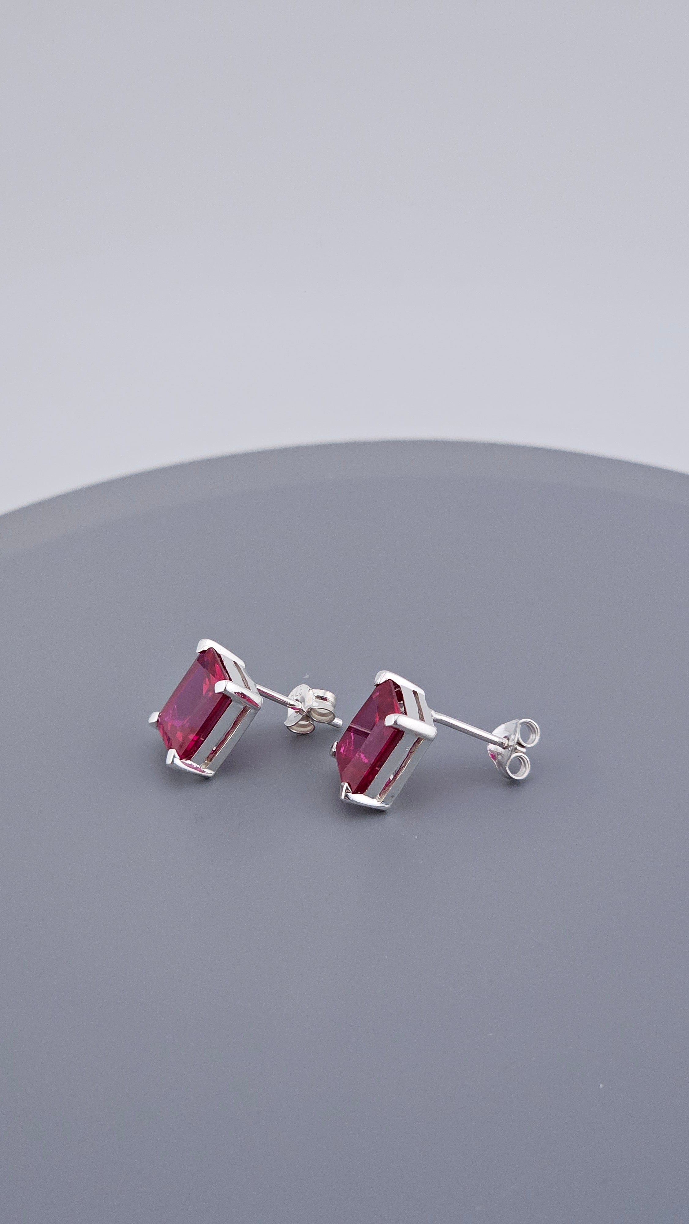 Classic 925 Sterling Silver Emerald-Cut Lab Grown Ruby Stud Earrings (3.5g)