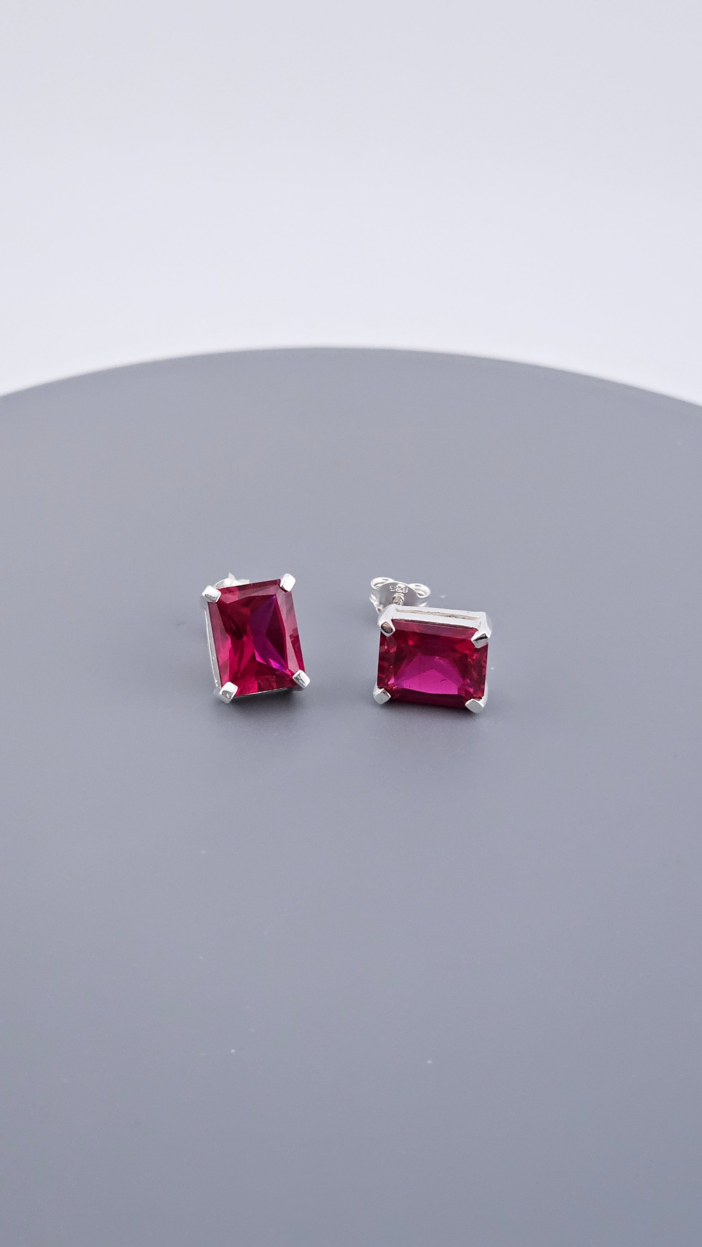 Classic 925 Sterling Silver Emerald-Cut Lab Grown Ruby Stud Earrings (3.5g)