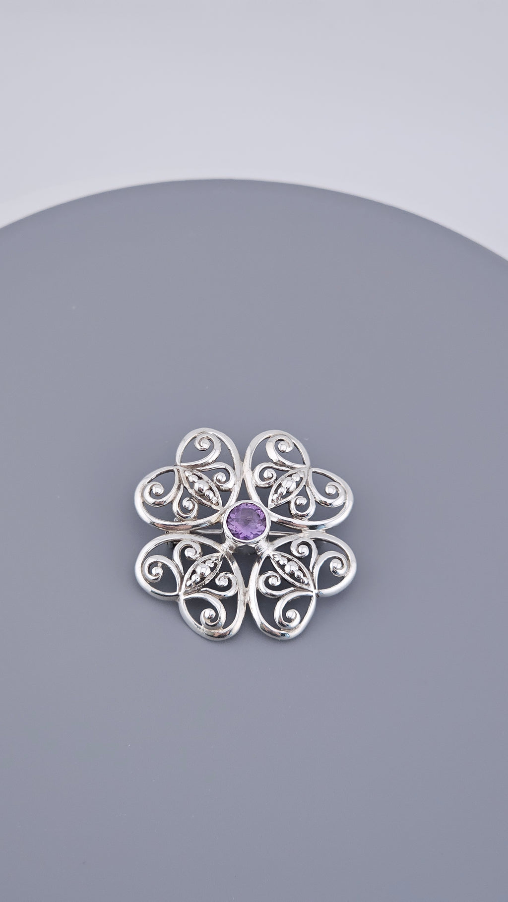 Vintage 925 Sterling Silver Amethyst Filigree Flower Brooch Pin (5.66g)