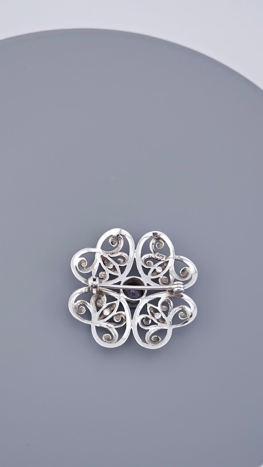 Vintage 925 Sterling Silver Amethyst Filigree Flower Brooch Pin (5.66g)