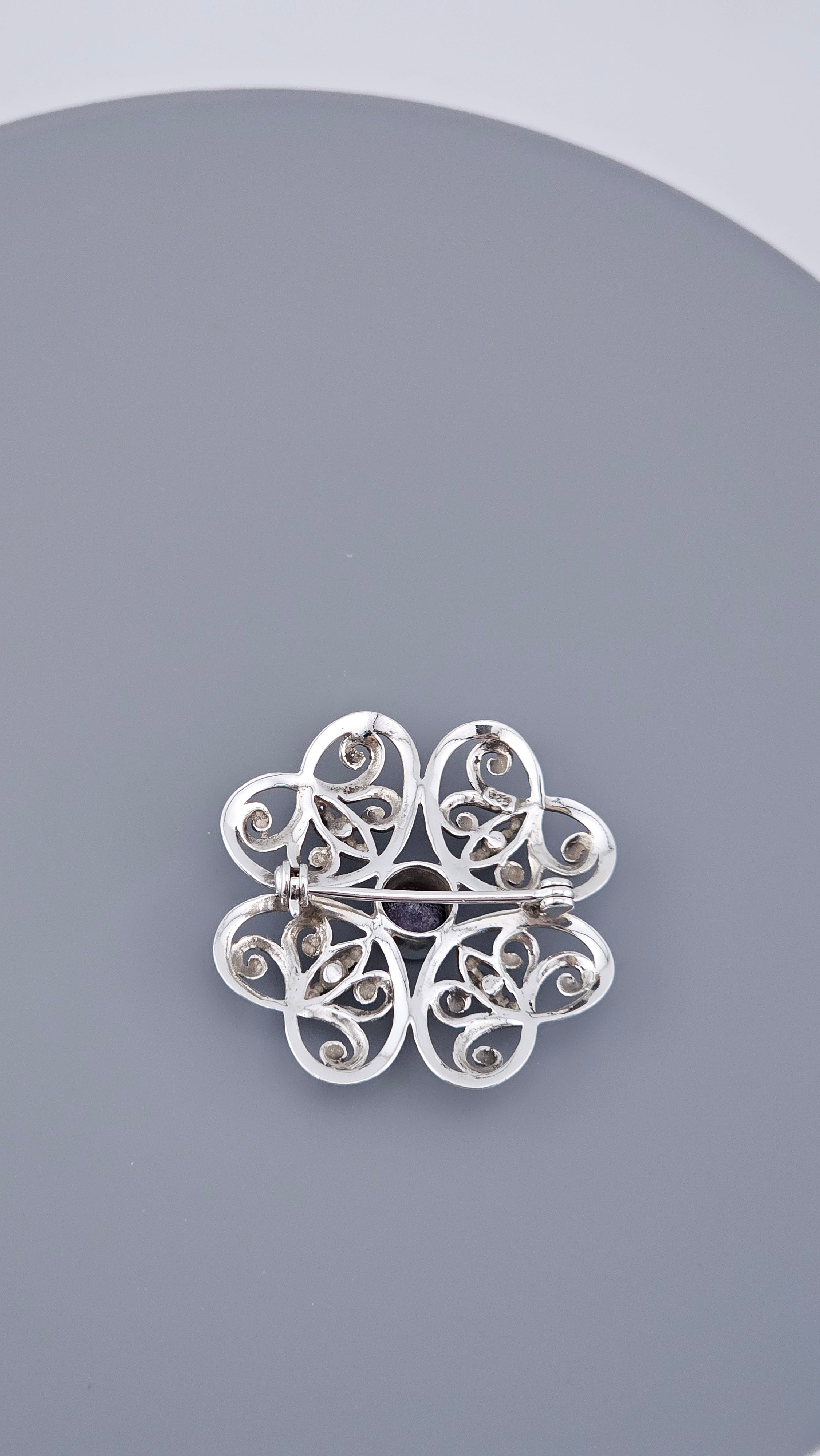 Vintage 925 Sterling Silver Amethyst Filigree Flower Brooch Pin (5.66g)