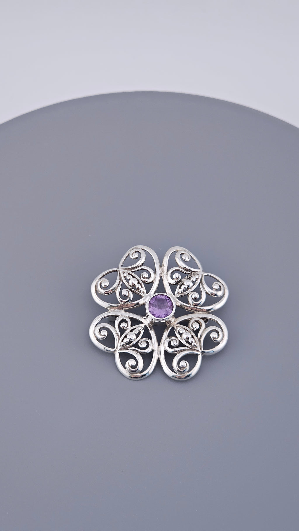 Vintage 925 Sterling Silver Amethyst Filigree Flower Brooch Pin (5.66g)