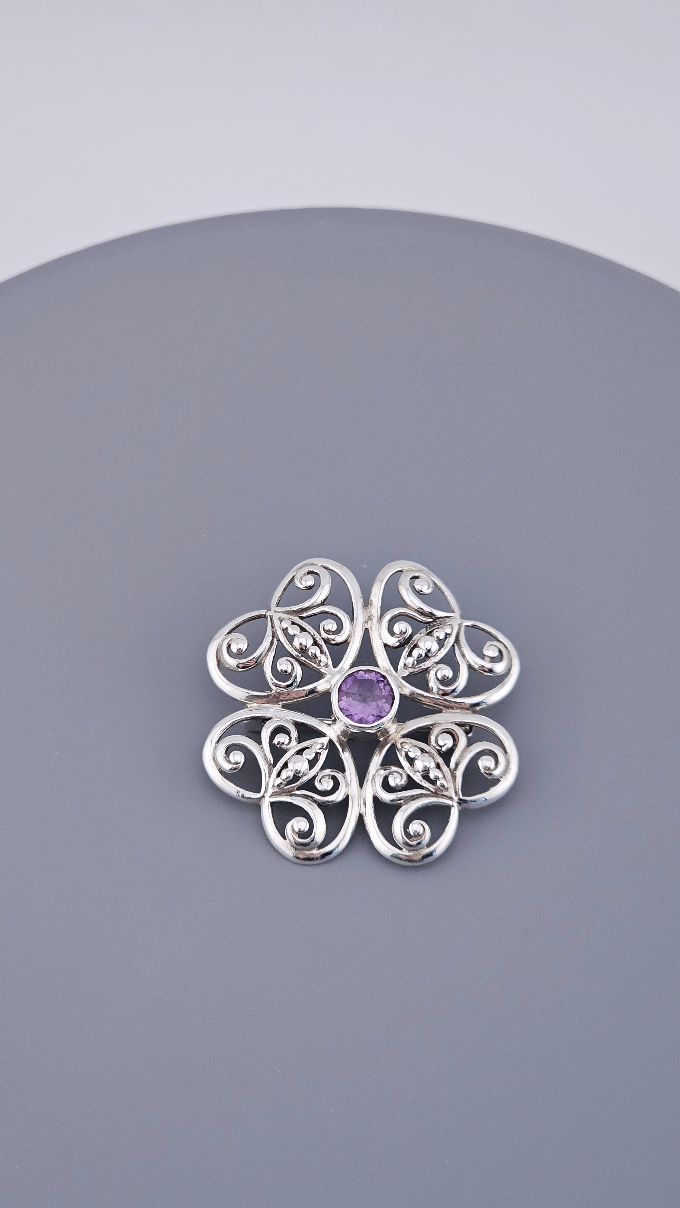Vintage 925 Sterling Silver Amethyst Filigree Flower Brooch Pin (5.66g)