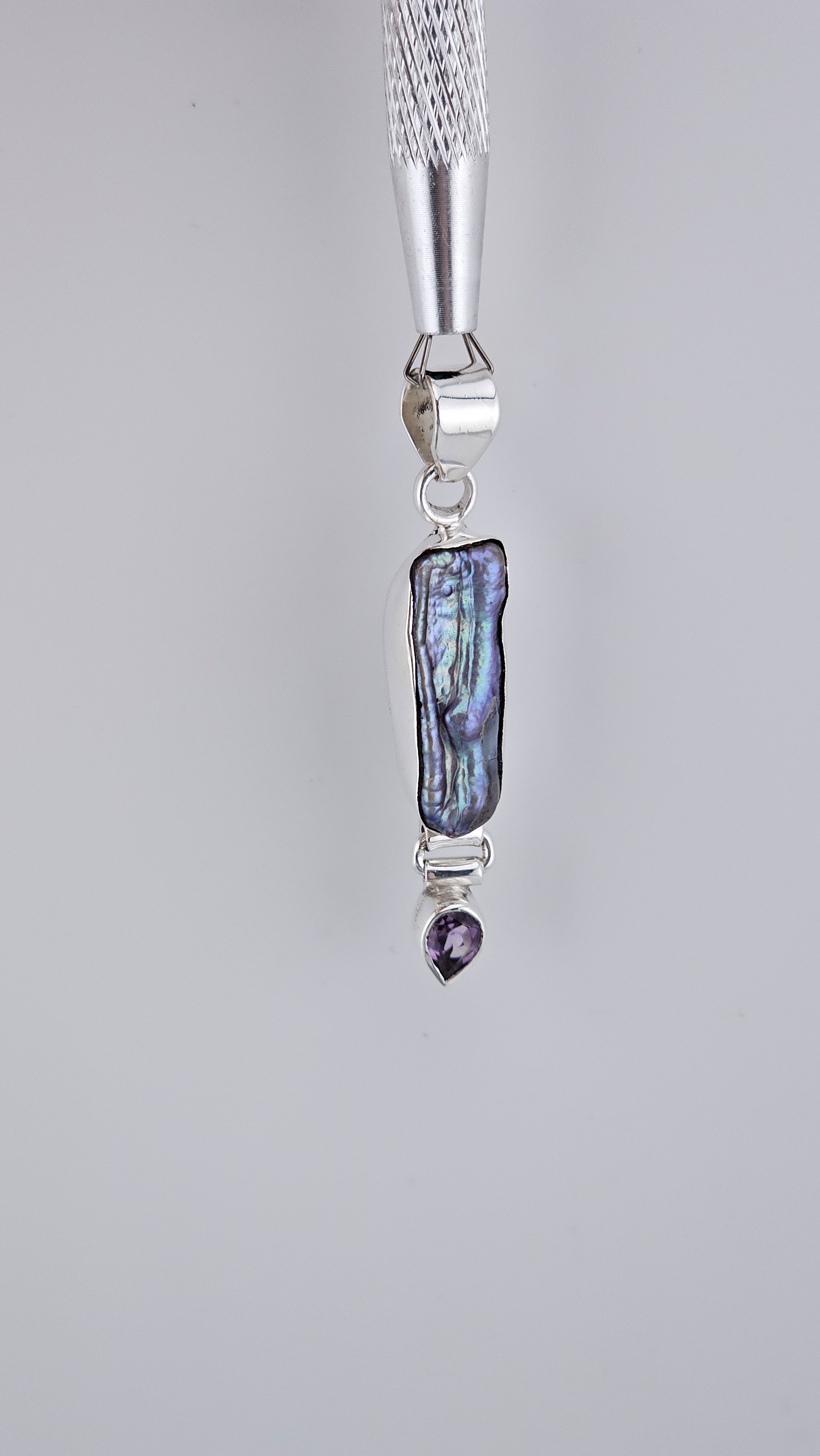 Vintage 925 Sterling Silver Biwa Pearl & Amethyst Articulated Pendant (6.4g)