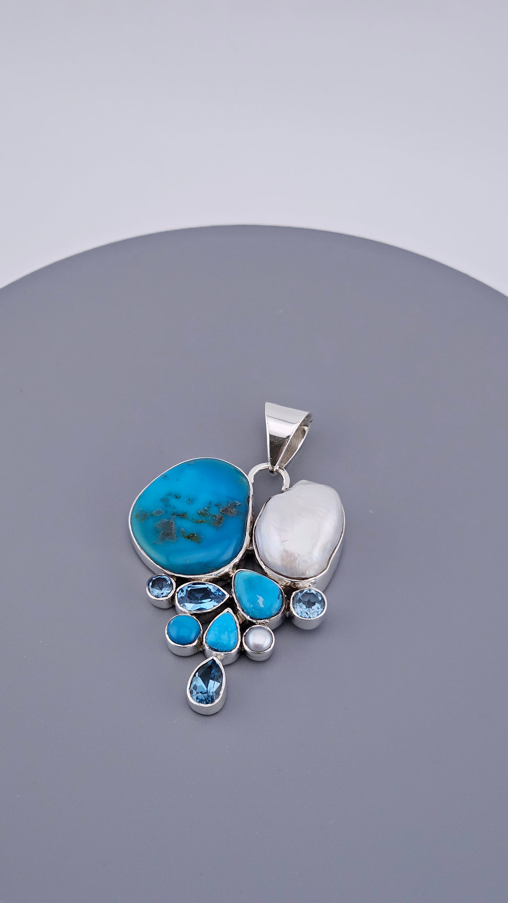 Statement 925 Sterling Silver Turquoise, Baroque Pearl & Blue Topaz Cluster Pendant (17.5g)