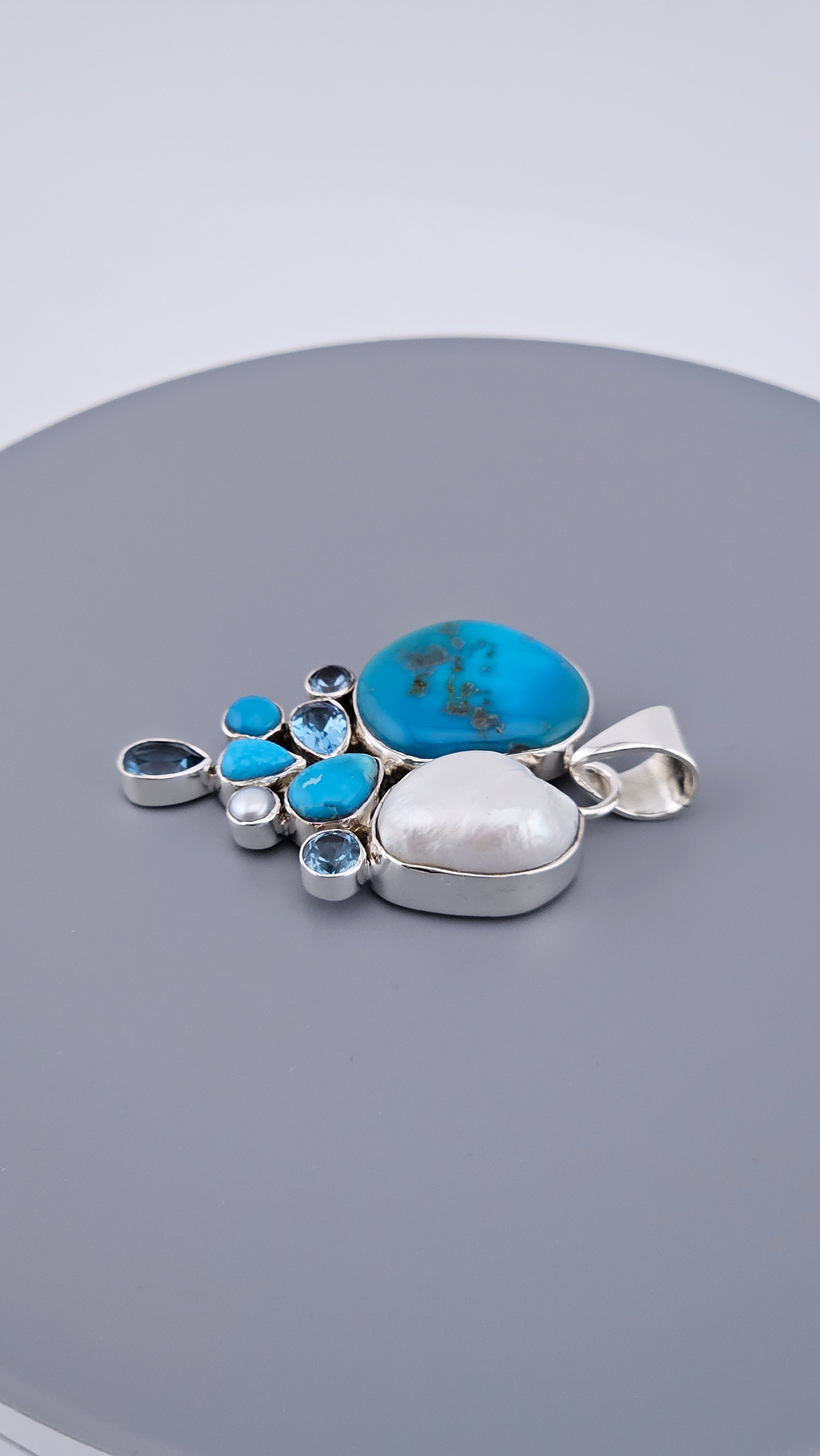 Statement 925 Sterling Silver Turquoise, Baroque Pearl & Blue Topaz Cluster Pendant (17.5g)