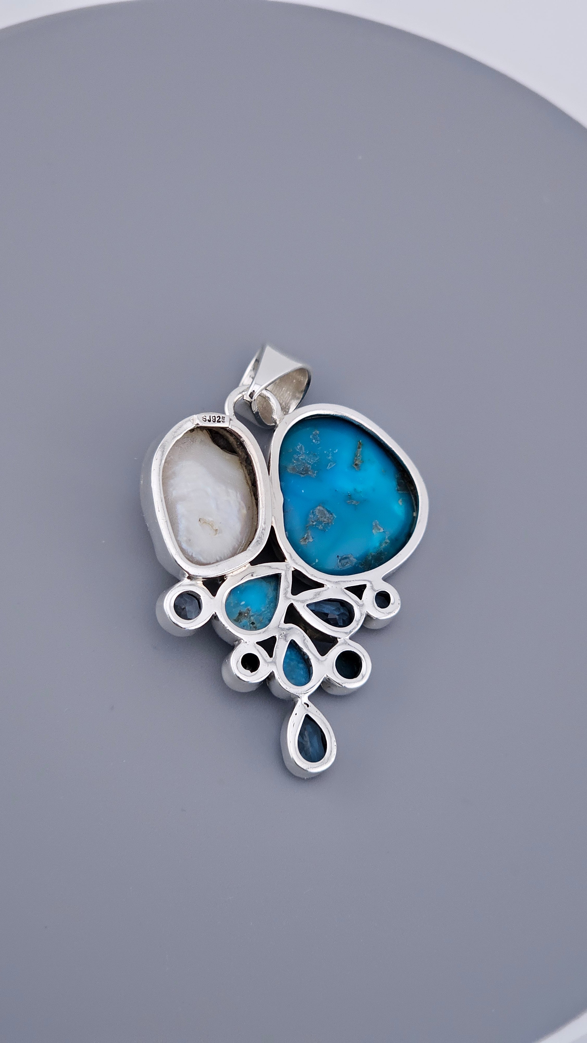 Statement 925 Sterling Silver Turquoise, Baroque Pearl & Blue Topaz Cluster Pendant (17.5g)