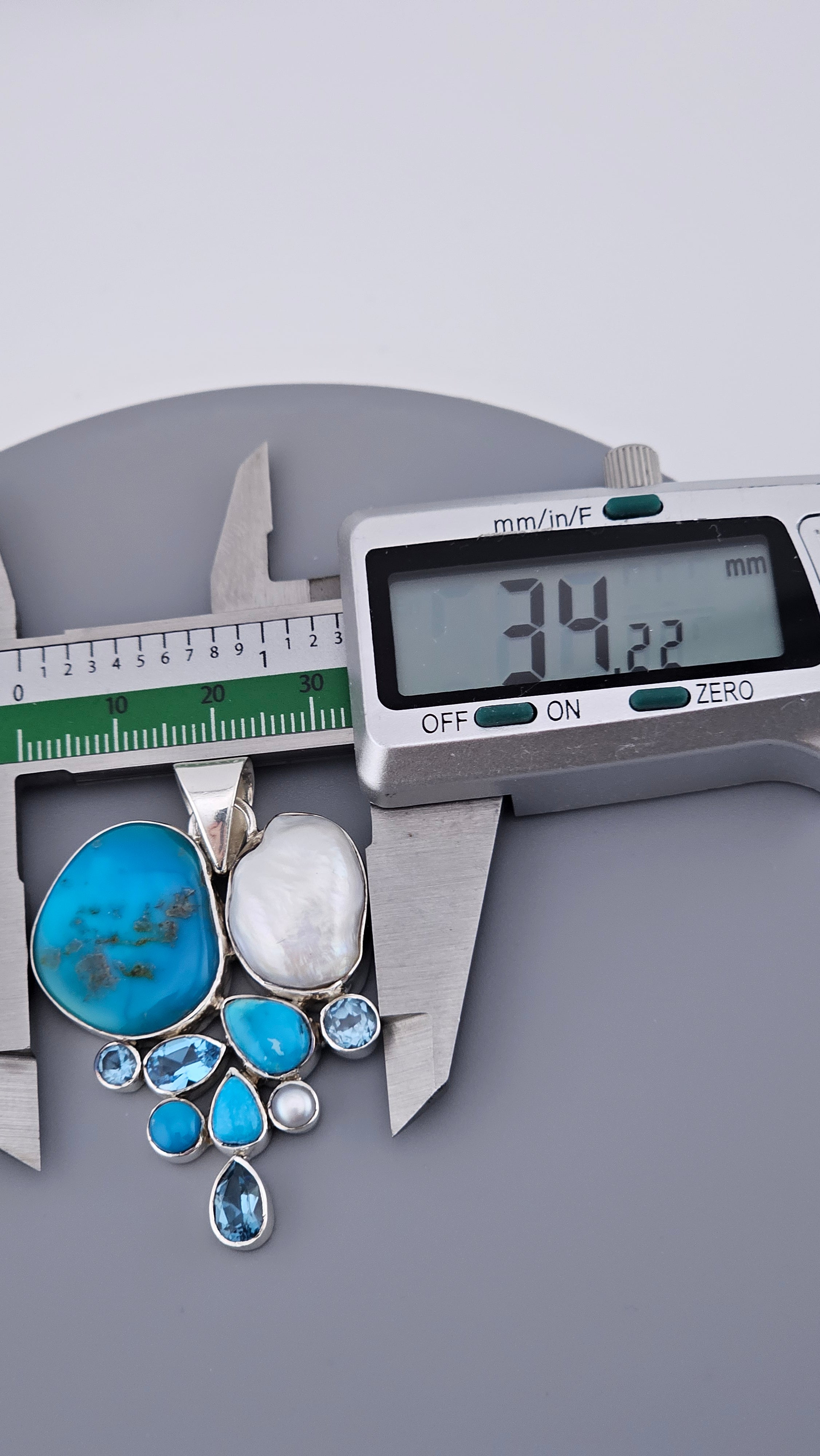 Statement 925 Sterling Silver Turquoise, Baroque Pearl & Blue Topaz Cluster Pendant (17.5g)