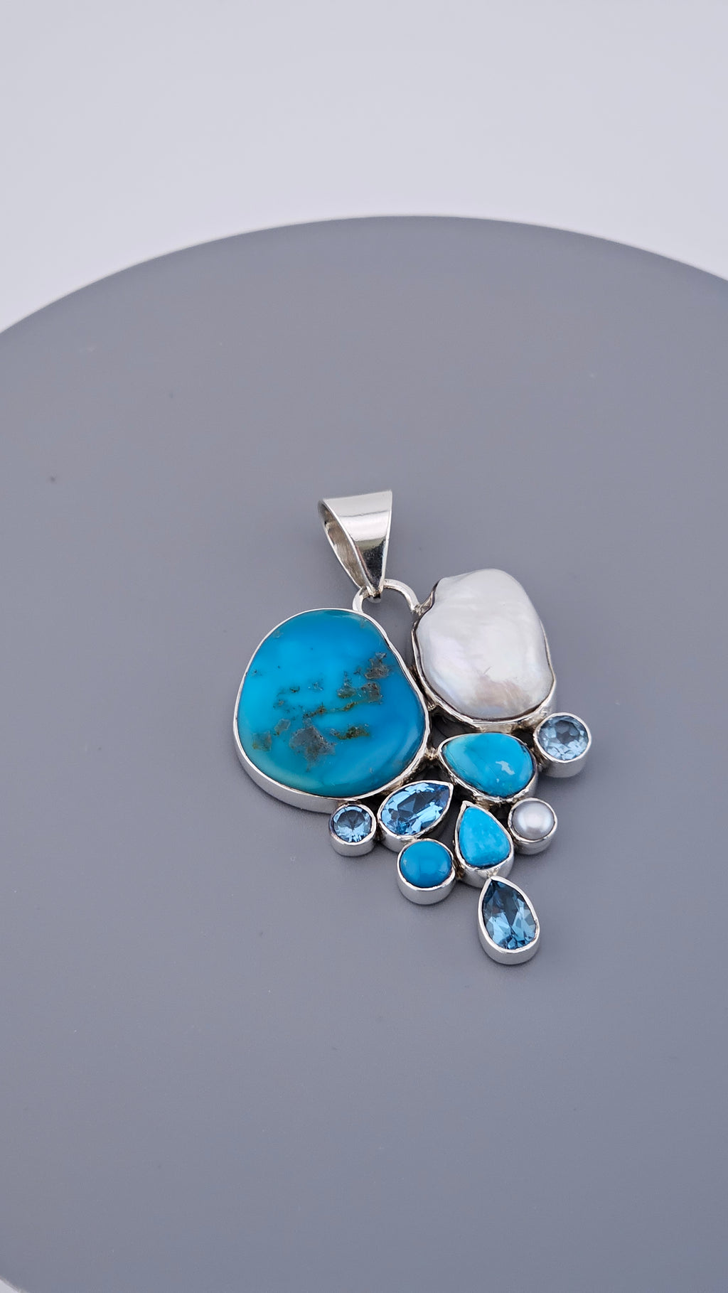 Statement 925 Sterling Silver Turquoise, Baroque Pearl & Blue Topaz Cluster Pendant (17.5g)