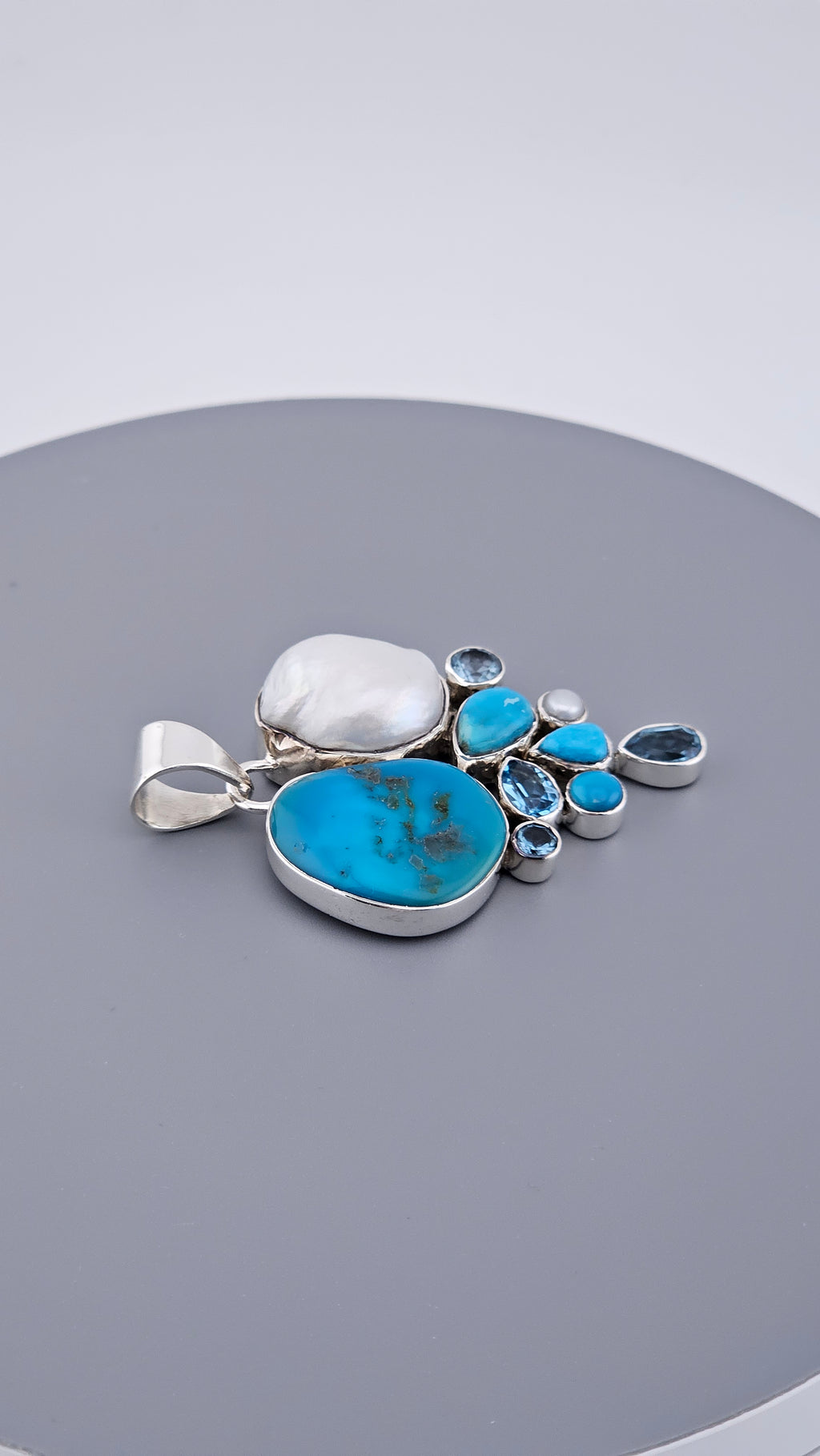 Statement 925 Sterling Silver Turquoise, Baroque Pearl & Blue Topaz Cluster Pendant (17.5g)