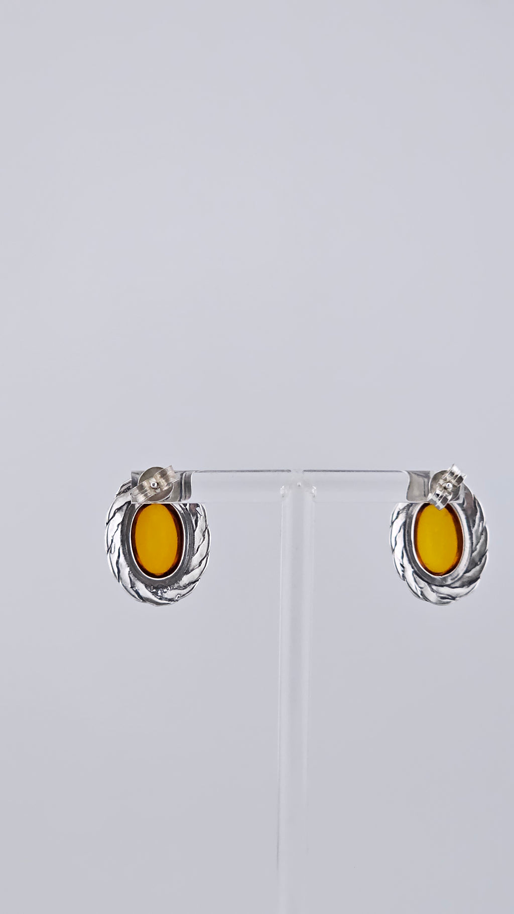 Vintage 925 Sterling Silver & Honey Amber Oval Stud Earrings – Large Rope Edge Design (5.3g)