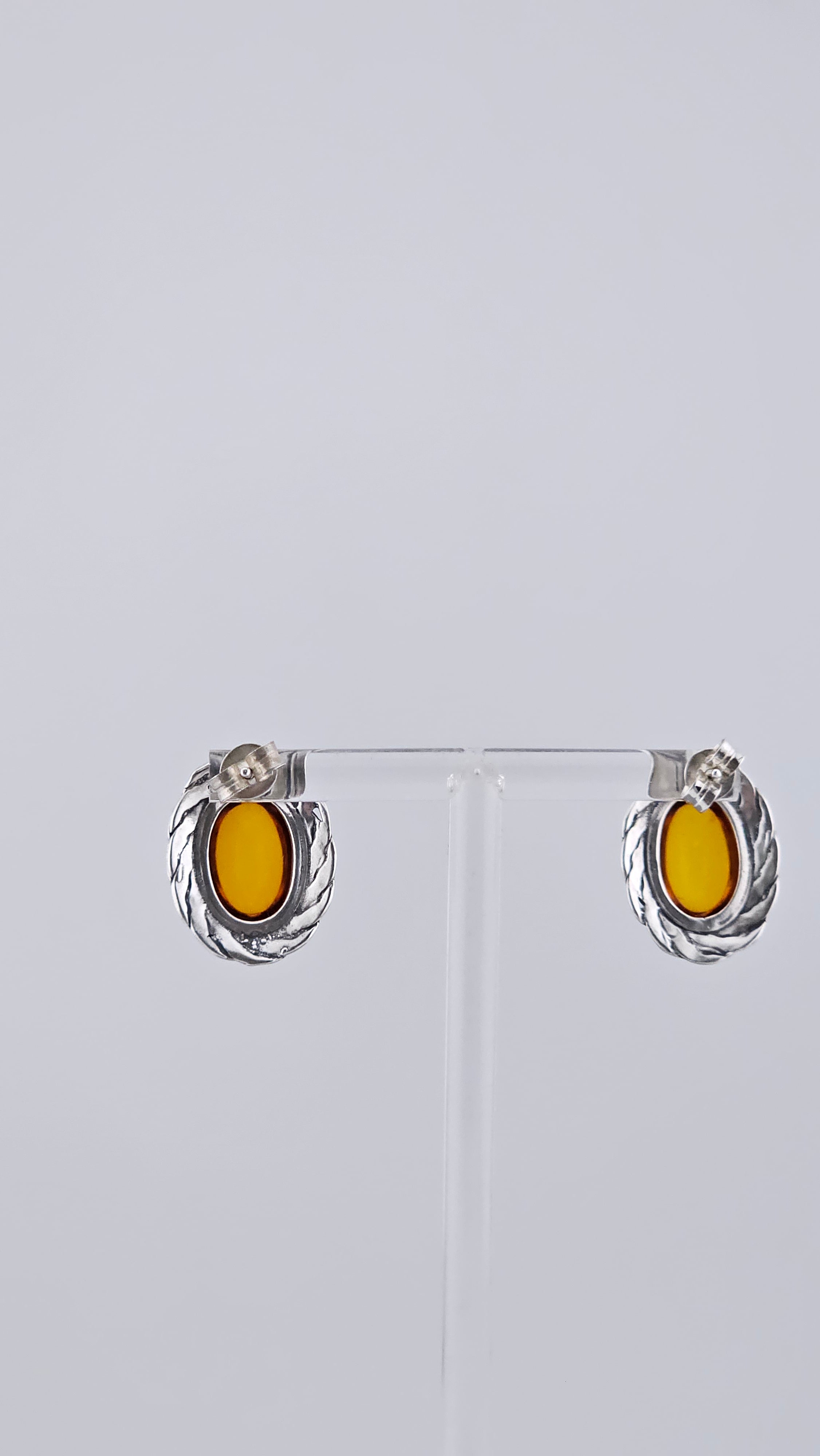 Vintage 925 Sterling Silver & Honey Amber Oval Stud Earrings – Large Rope Edge Design (5.3g)