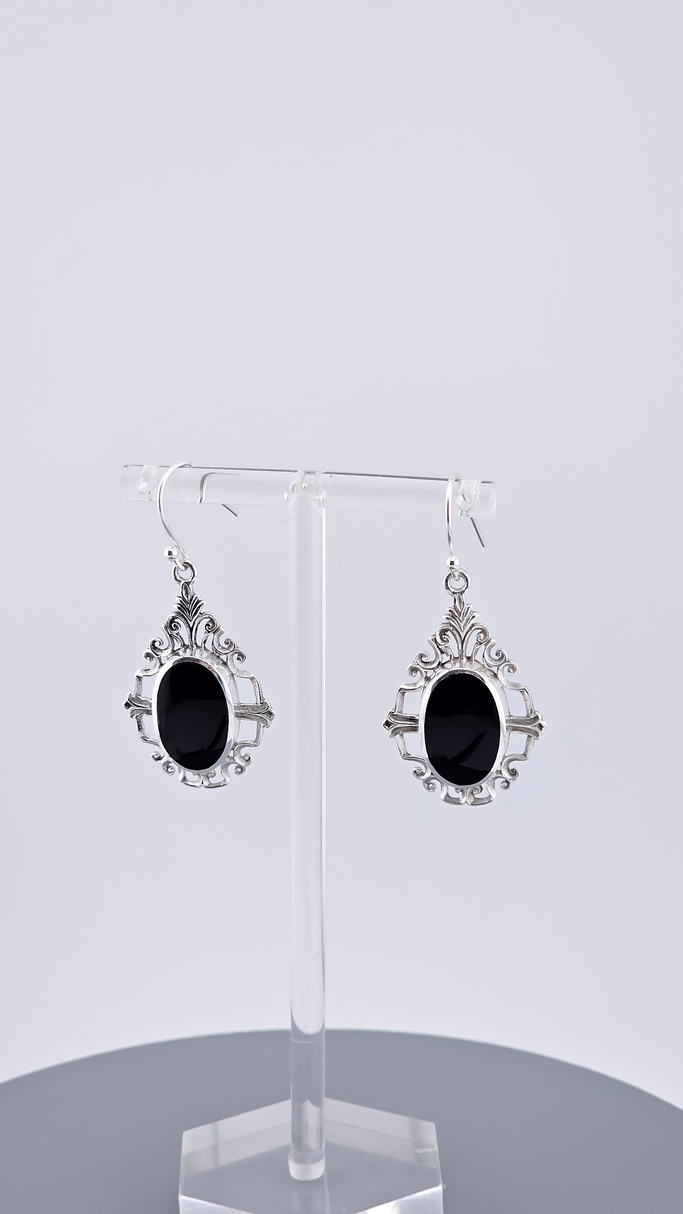 Vintage Style 925 Sterling Silver Black Onyx Filigree Drop Earrings – 46mm Ornate Oval Dangle (6.4g)