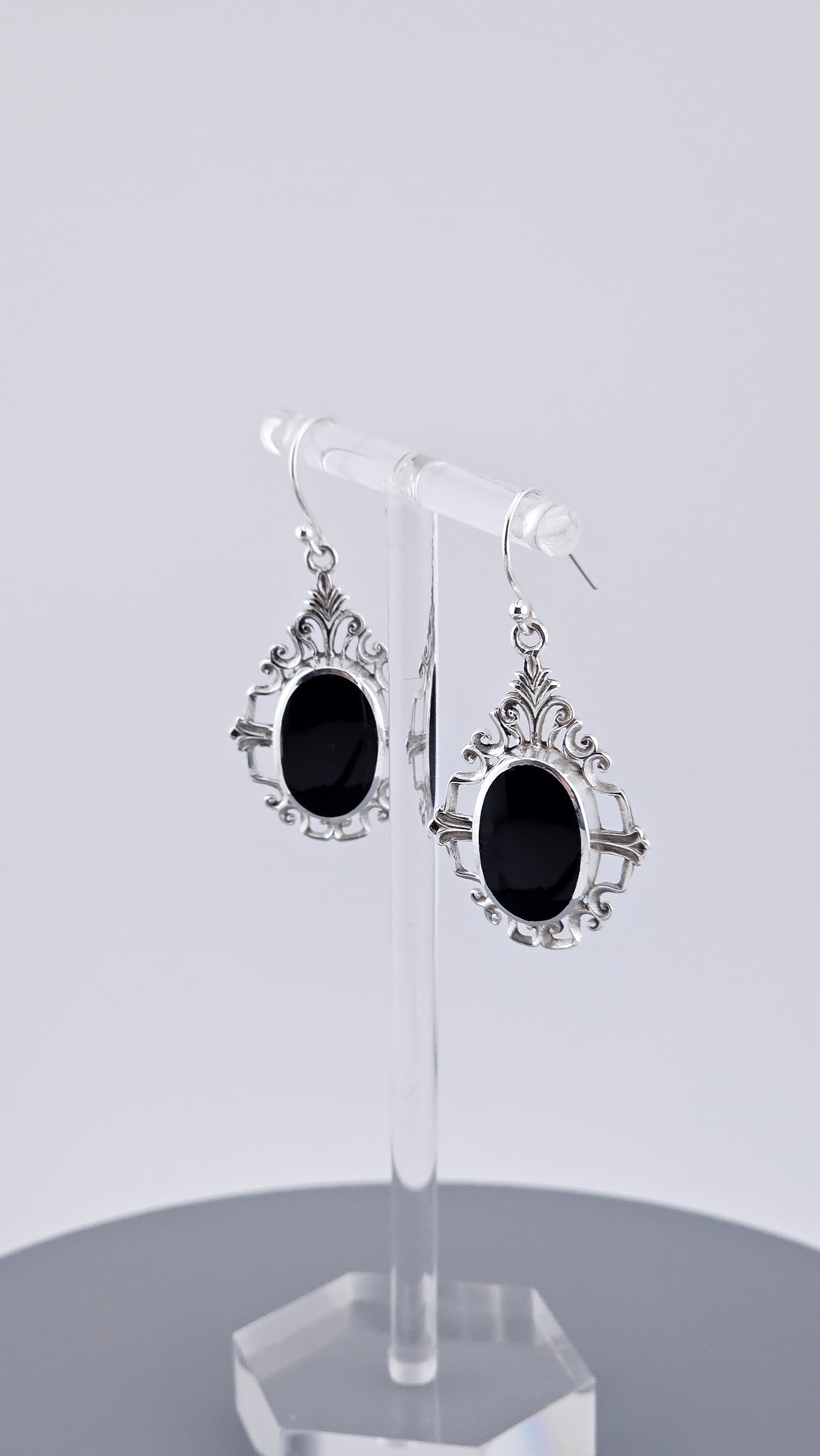 Vintage Style 925 Sterling Silver Black Onyx Filigree Drop Earrings – 46mm Ornate Oval Dangle (6.4g)