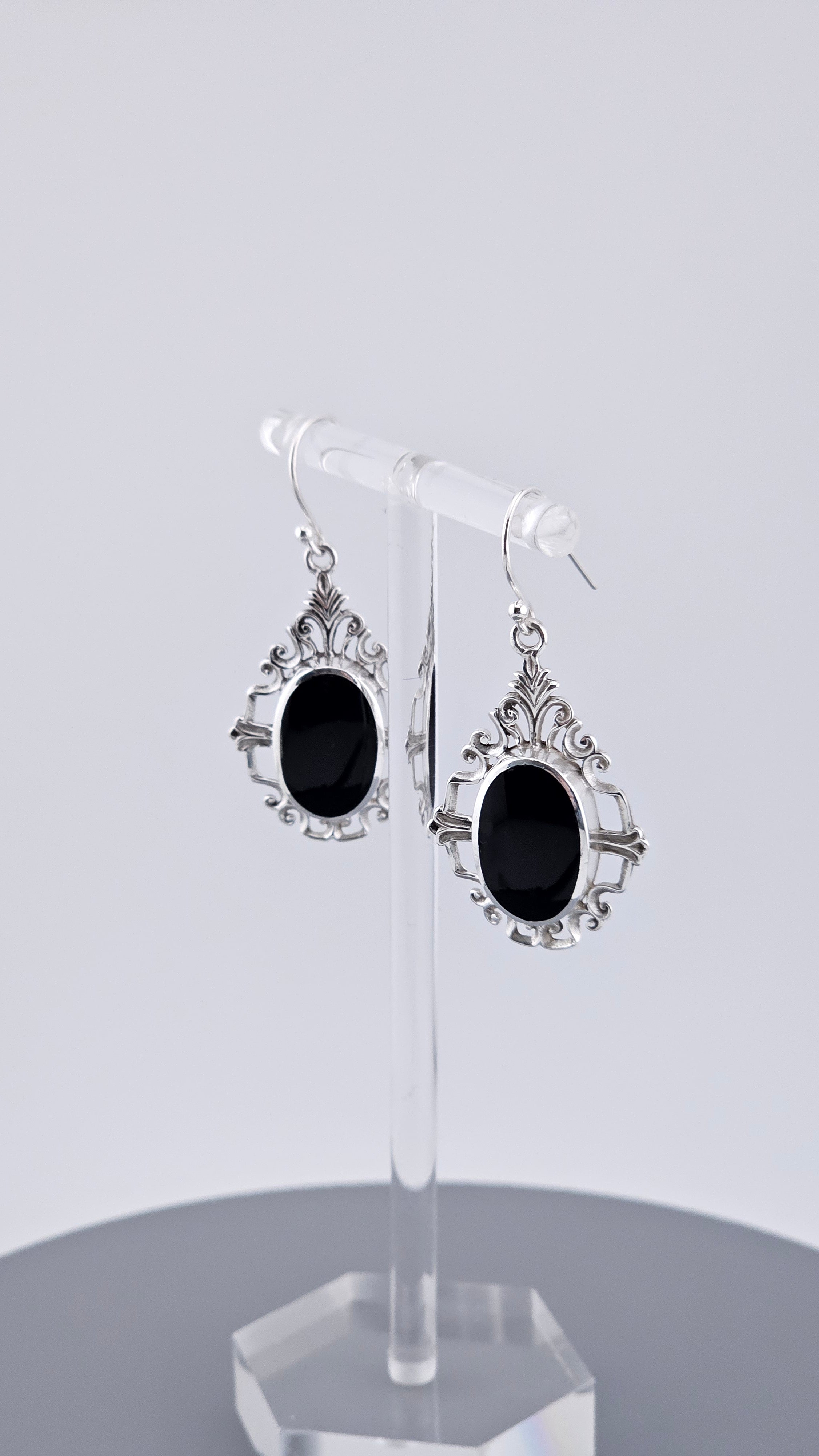 Vintage Style 925 Sterling Silver Black Onyx Filigree Drop Earrings – 46mm Ornate Oval Dangle (6.4g)