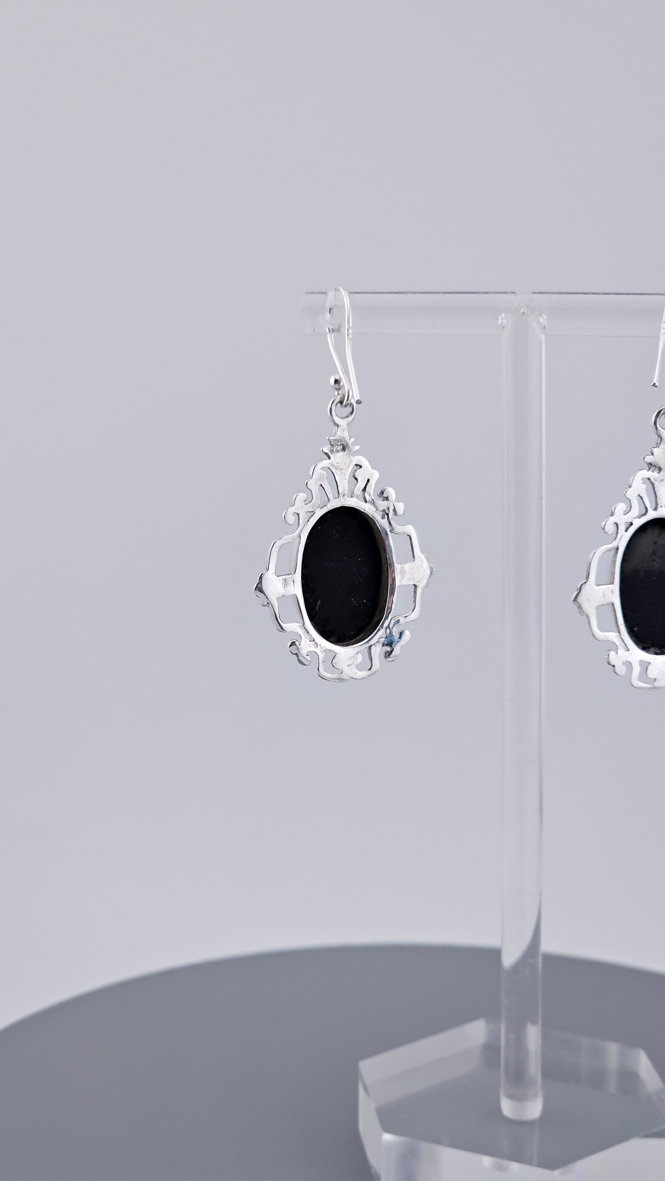 Vintage Style 925 Sterling Silver Black Onyx Filigree Drop Earrings – 46mm Ornate Oval Dangle (6.4g)