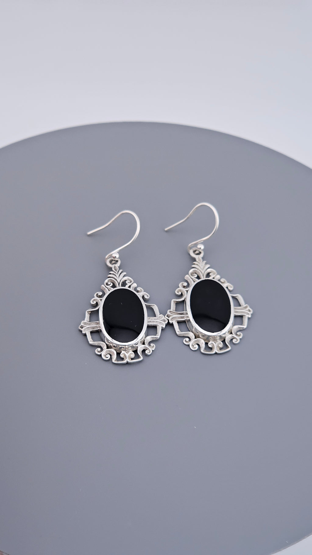 Vintage Style 925 Sterling Silver Black Onyx Filigree Drop Earrings – 46mm Ornate Oval Dangle (6.4g)