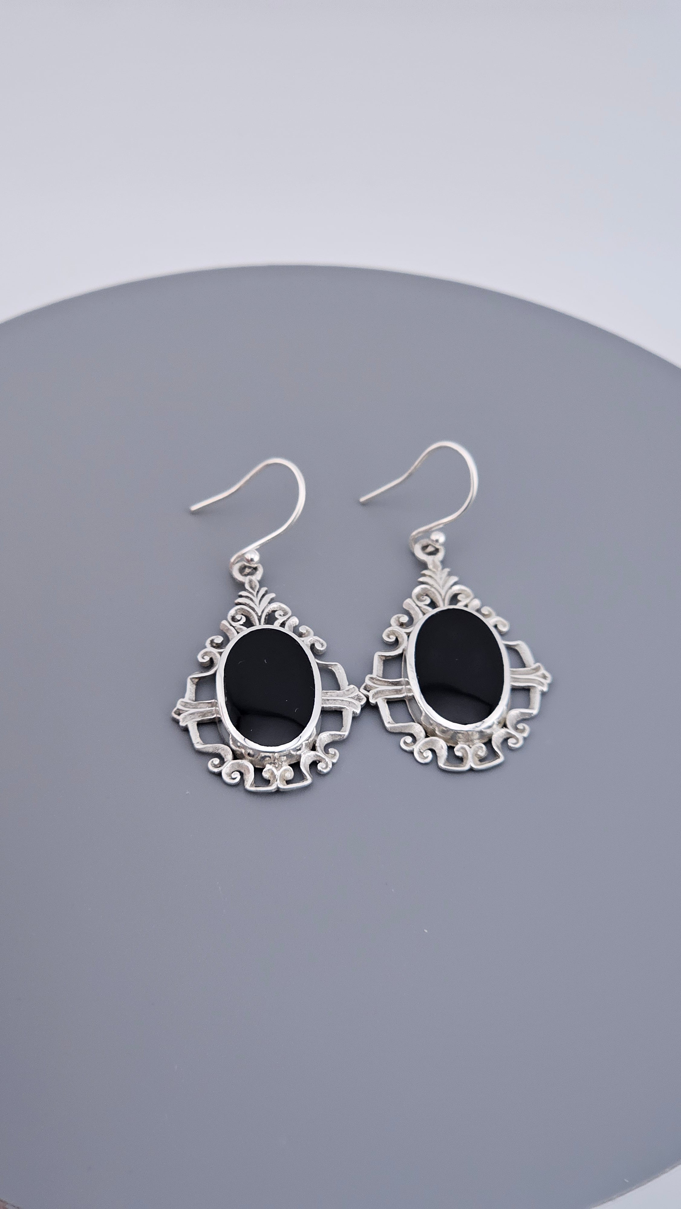 Vintage Style 925 Sterling Silver Black Onyx Filigree Drop Earrings – 46mm Ornate Oval Dangle (6.4g)