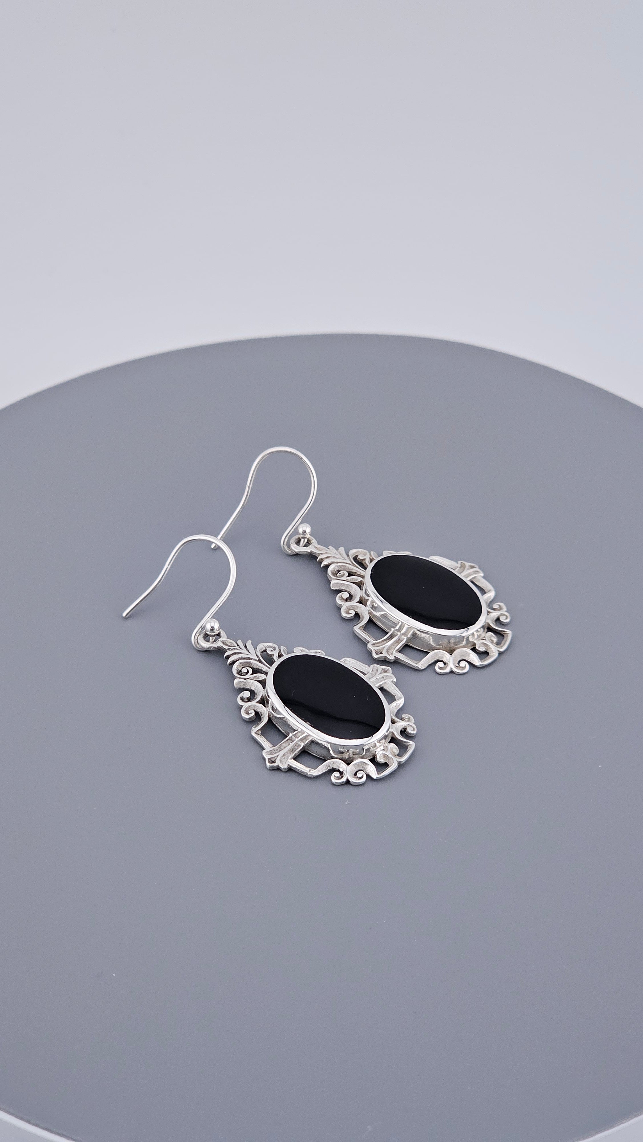 Vintage Style 925 Sterling Silver Black Onyx Filigree Drop Earrings – 46mm Ornate Oval Dangle (6.4g)