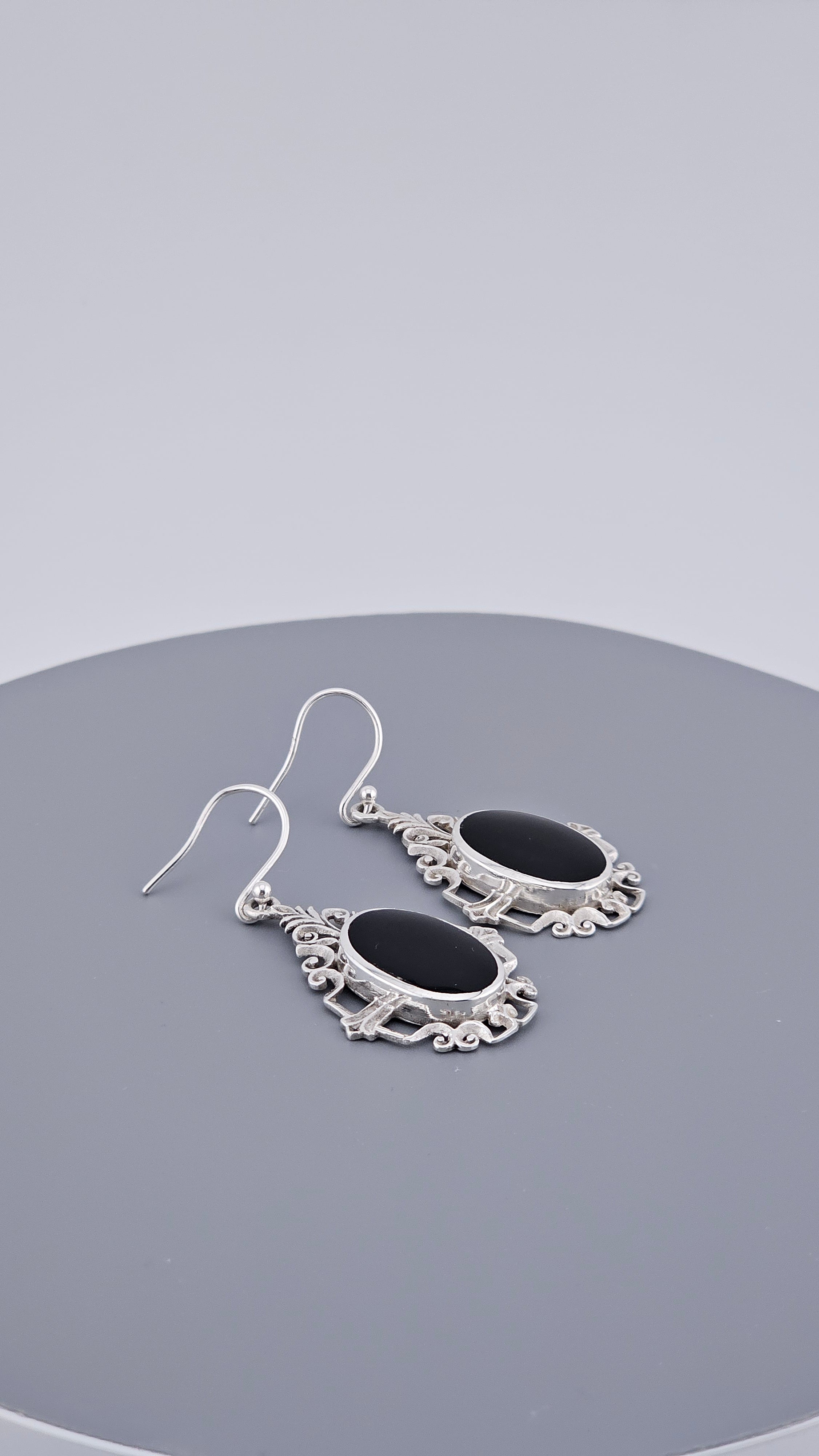 Vintage Style 925 Sterling Silver Black Onyx Filigree Drop Earrings – 46mm Ornate Oval Dangle (6.4g)