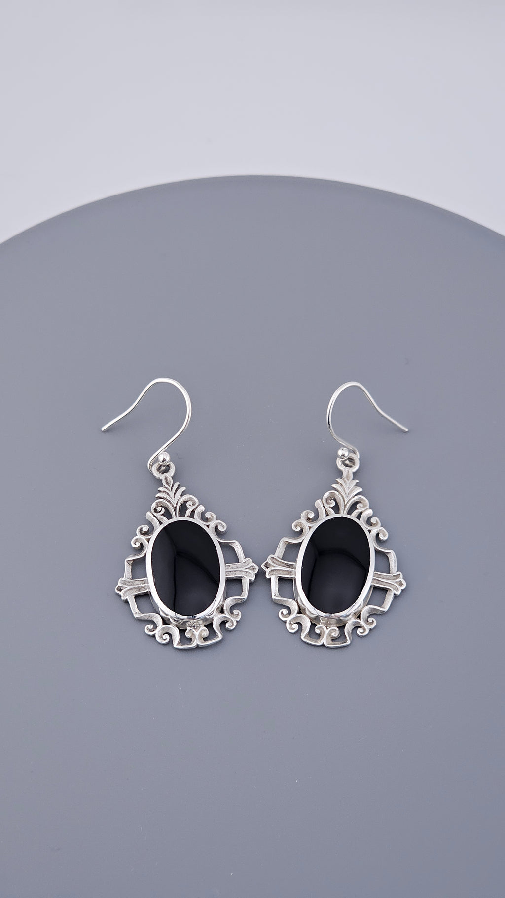 Vintage Style 925 Sterling Silver Black Onyx Filigree Drop Earrings – 46mm Ornate Oval Dangle (6.4g)