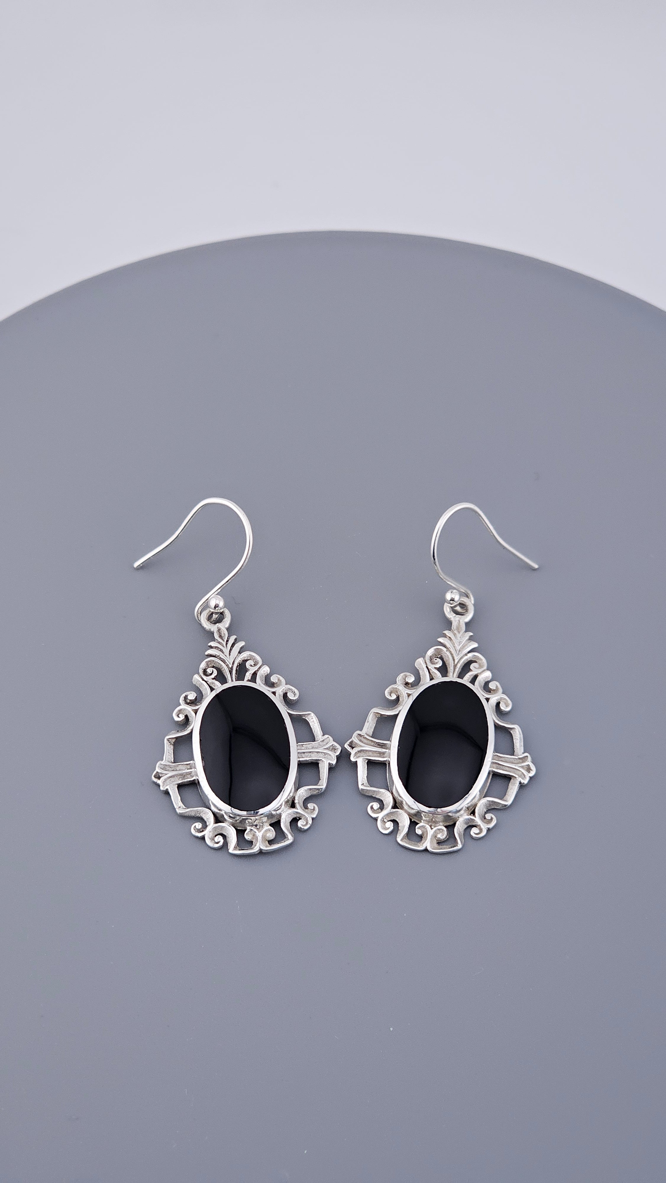 Vintage Style 925 Sterling Silver Black Onyx Filigree Drop Earrings – 46mm Ornate Oval Dangle (6.4g)