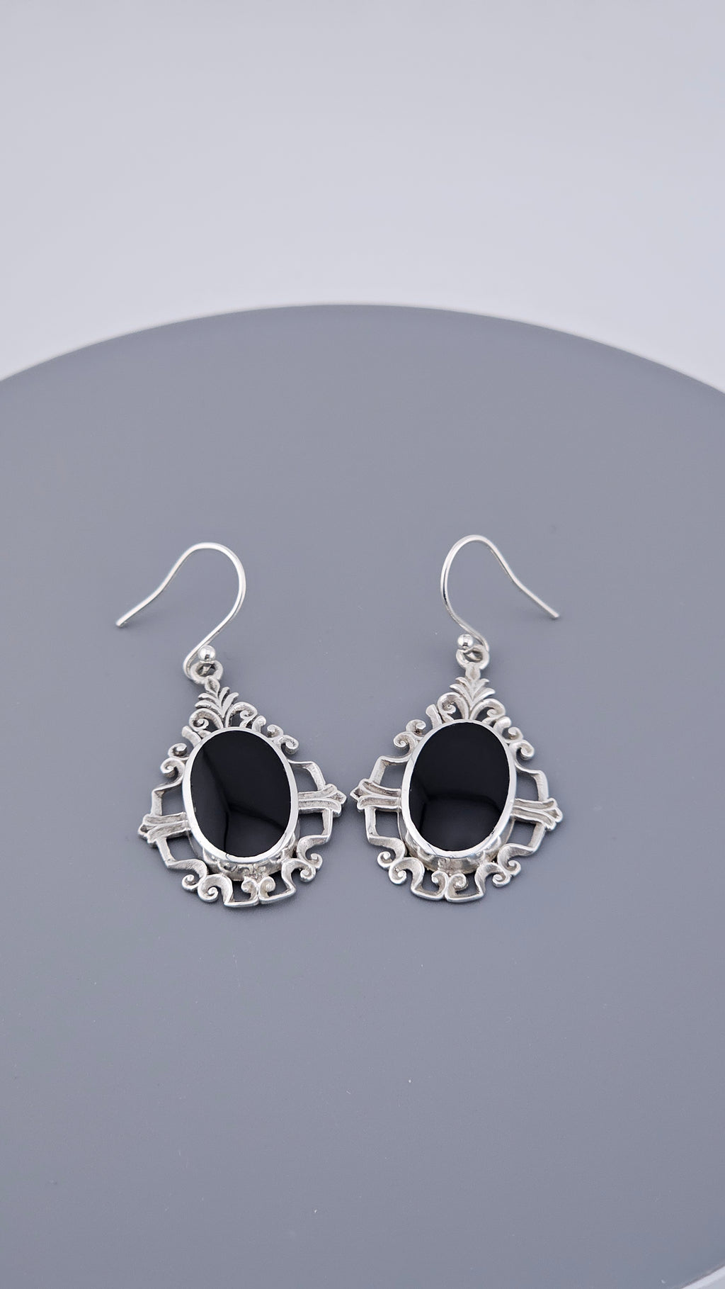 Vintage Style 925 Sterling Silver Black Onyx Filigree Drop Earrings – 46mm Ornate Oval Dangle (6.4g)