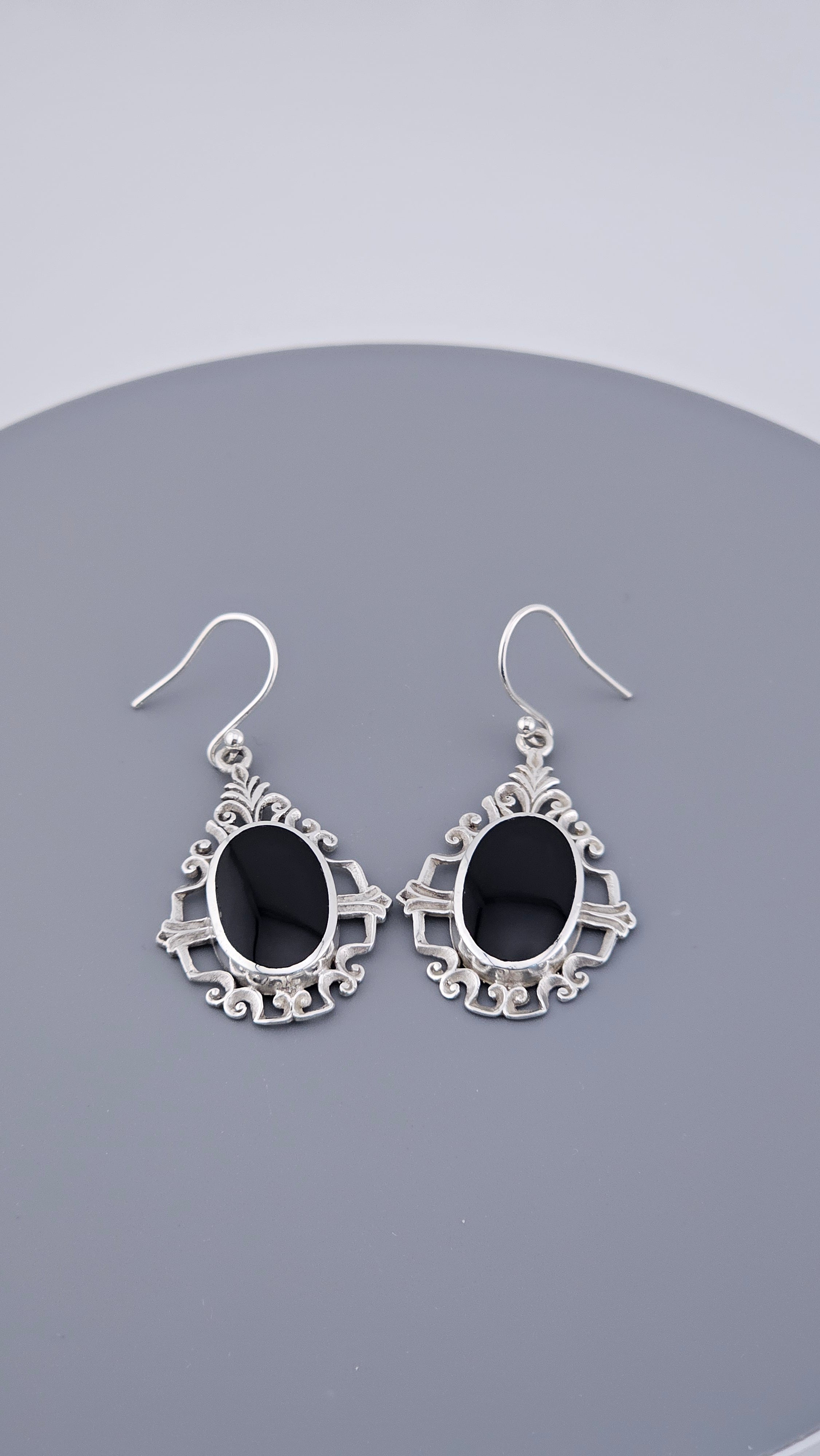 Vintage Style 925 Sterling Silver Black Onyx Filigree Drop Earrings – 46mm Ornate Oval Dangle (6.4g)