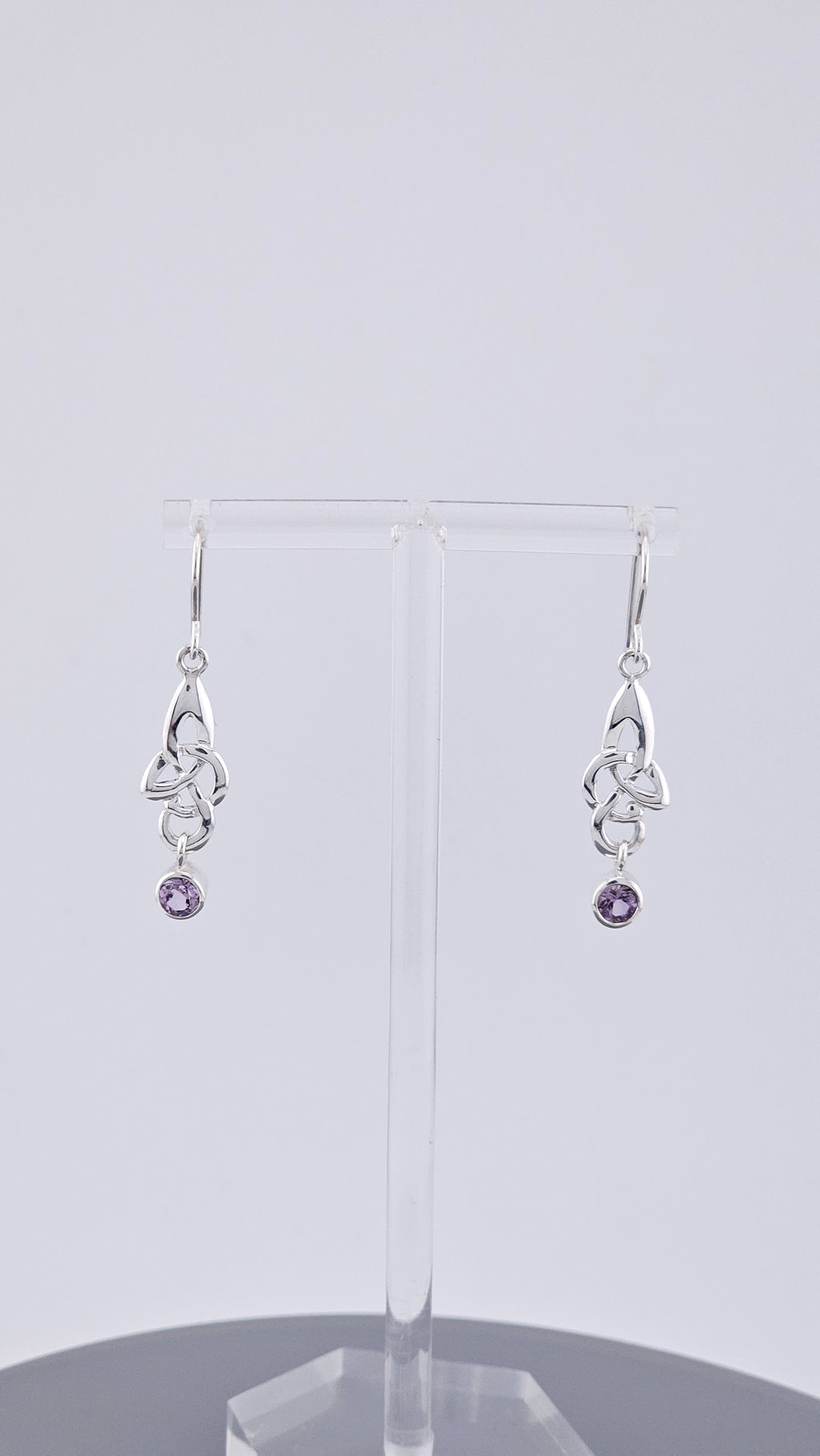 925 Sterling Silver Amethyst Celtic Knot Drop Earrings – 40mm Triquetra Dangle (3.4g)