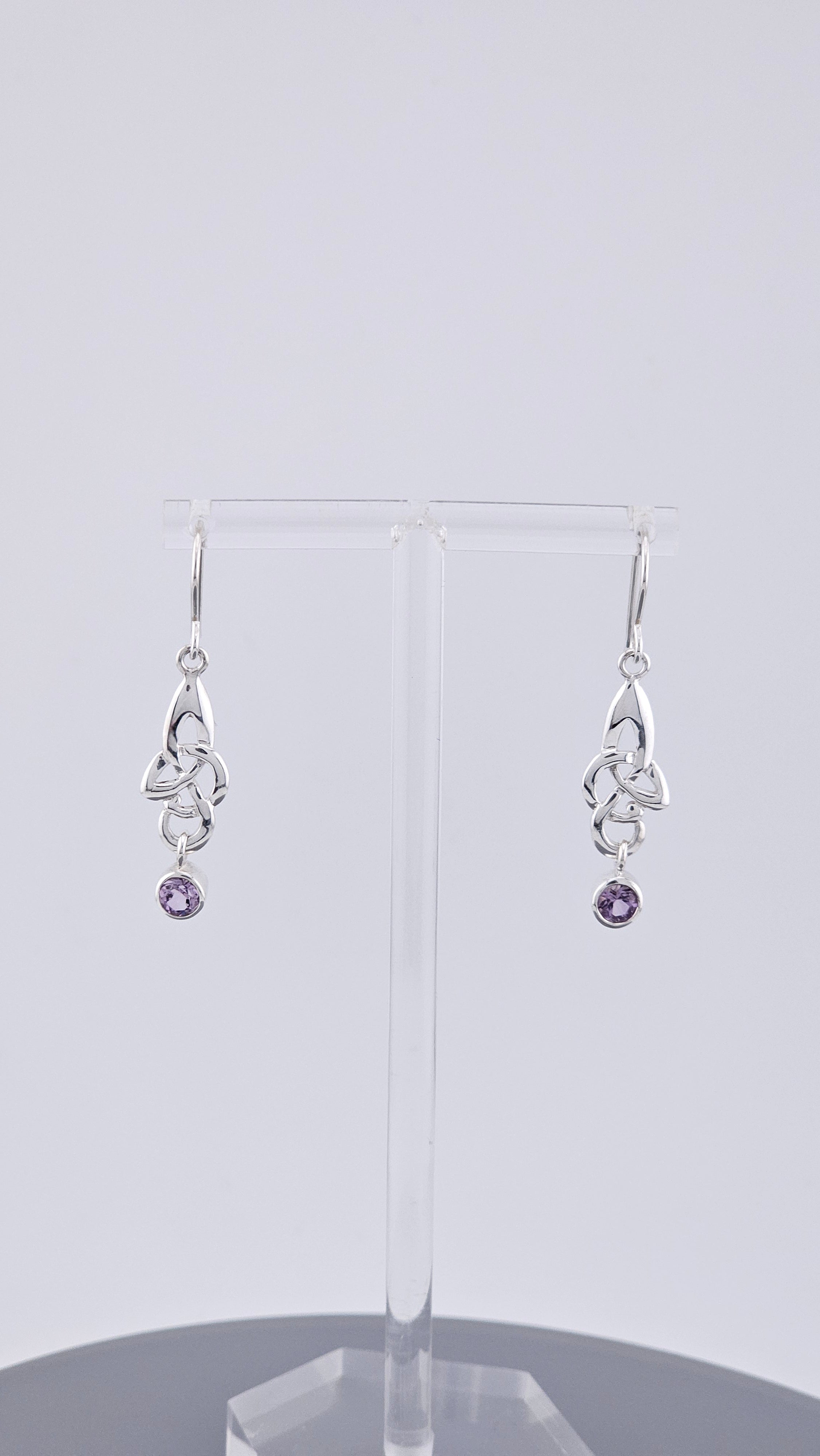 925 Sterling Silver Amethyst Celtic Knot Drop Earrings – 40mm Triquetra Dangle (3.4g)