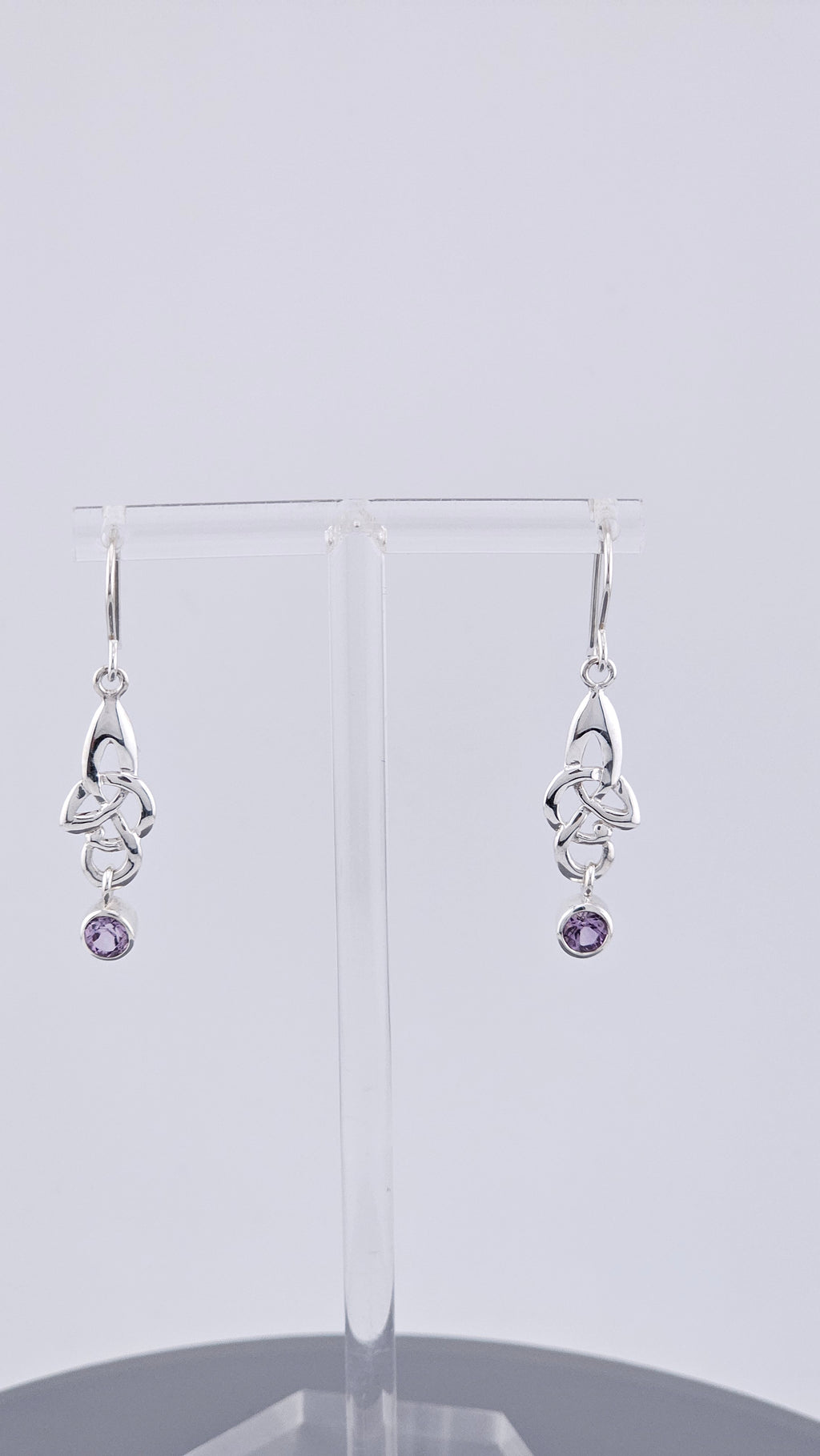 925 Sterling Silver Amethyst Celtic Knot Drop Earrings – 40mm Triquetra Dangle (3.4g)